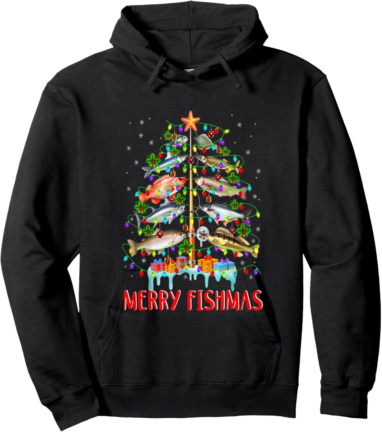Merry Fishmas Funny Christmas Tree Lights Fish Fishing Rod Hoodie - Hoodie | Black