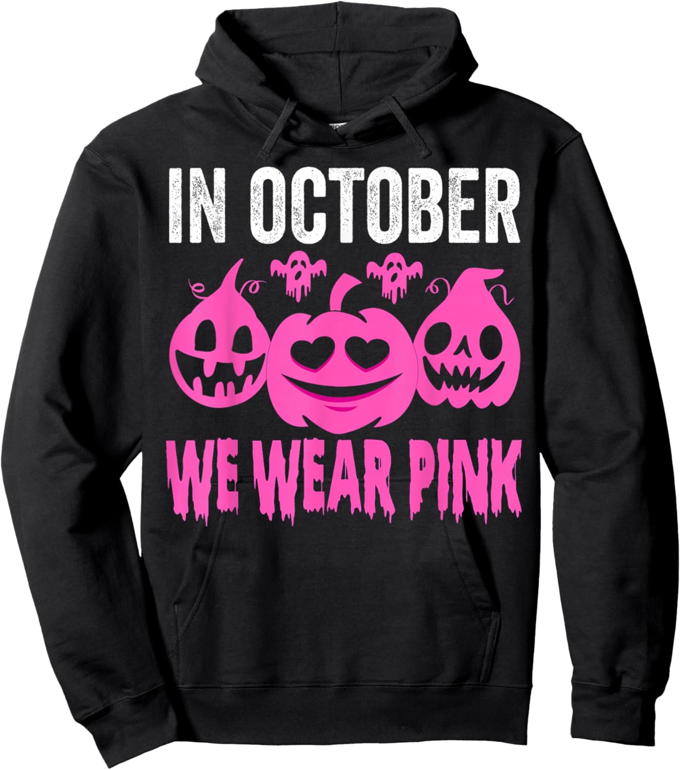In October We Wear Pink Breast Cancer Pumpkin Halloween Hoodie - Hoodie | Black
