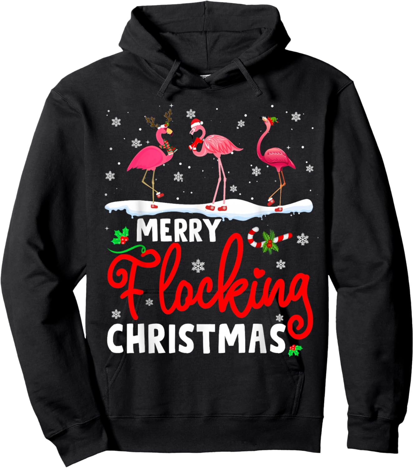 Merry Flocking Christmas Reindeer Santa ELF Flamingo Xmas Hoodie - Hoodie | Black