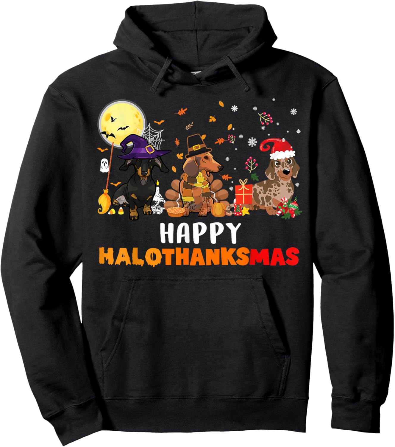 Happy Hallothanksmas Dachshund Dog Lover Halloween Christmas Hoodie - Hoodie | Black