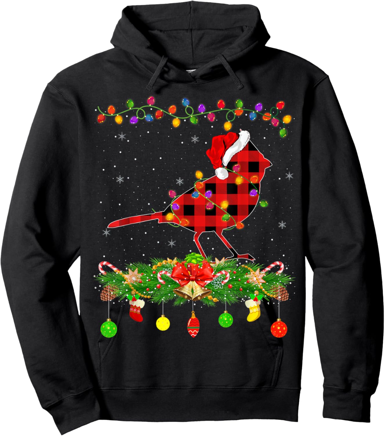 Funny Matching Buffalo Plaid Cardinal Bird Christmas Pajama Hoodie - Hoodie | Black