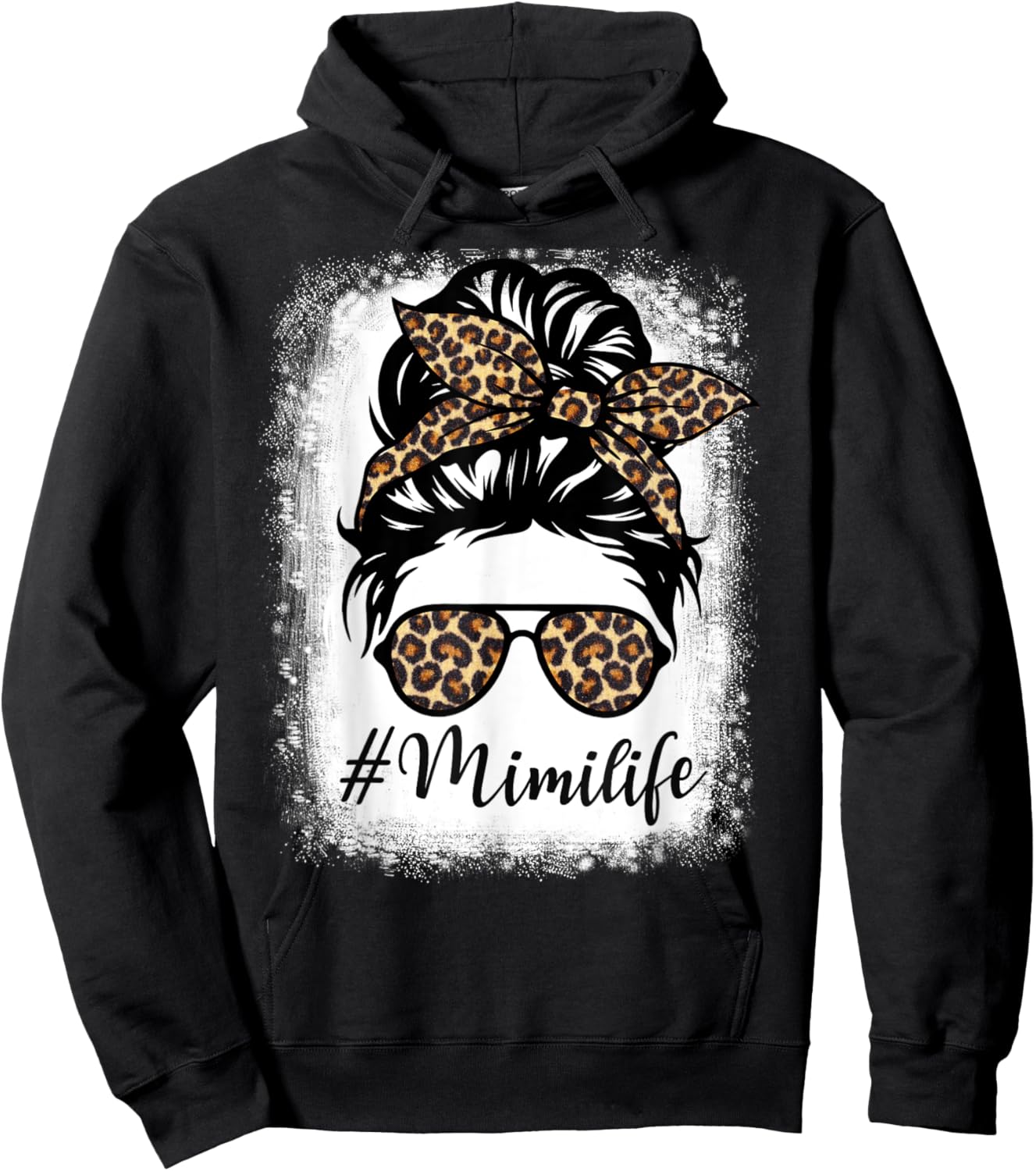 Women Messy Bun Mimi Life Leopard Mothers Day Hoodie - Hoodie | Black