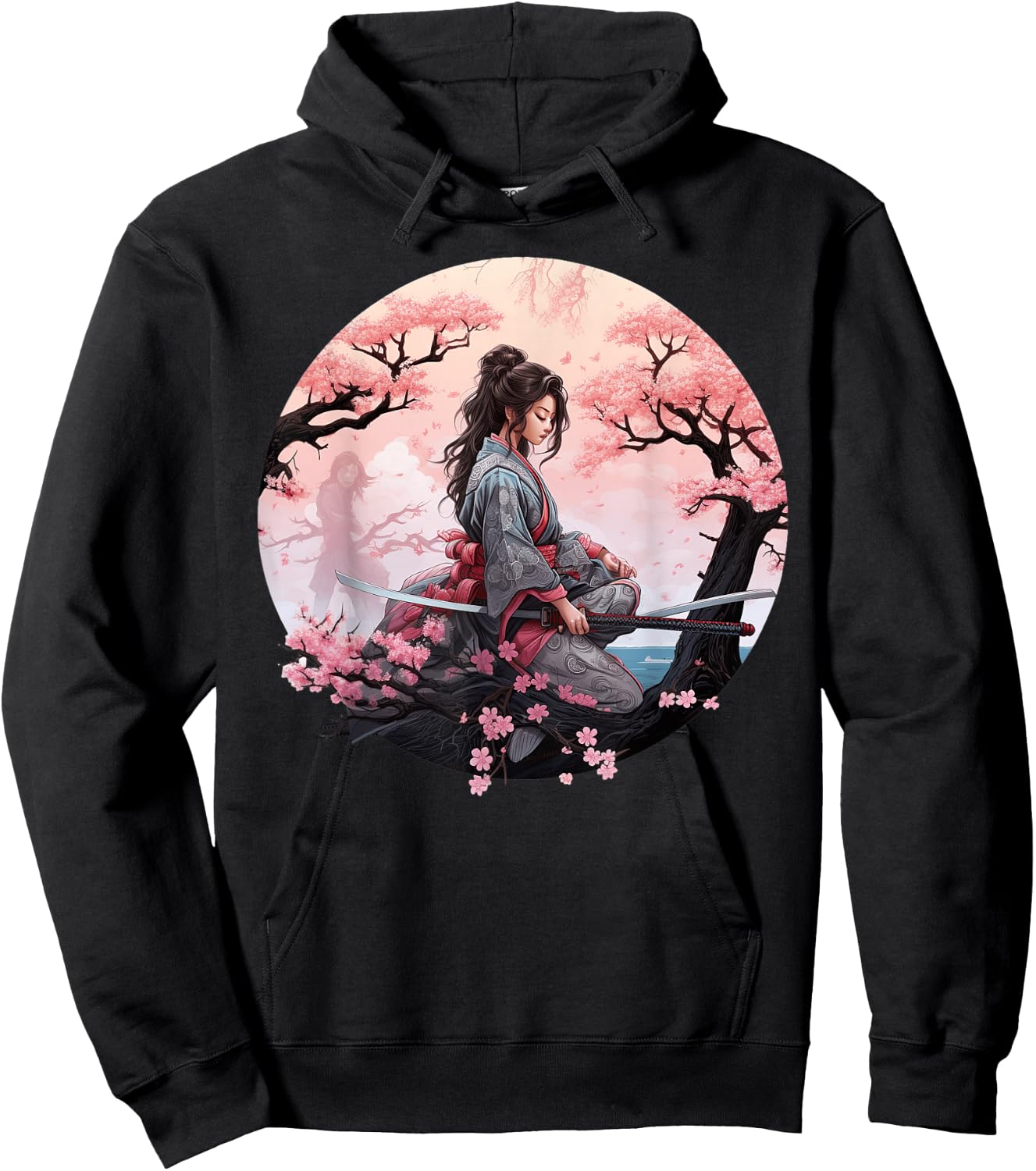 Japanese Samurai Girl Vintage Retro Sakura Cherry Blossom Hoodie - Hoodie | Black