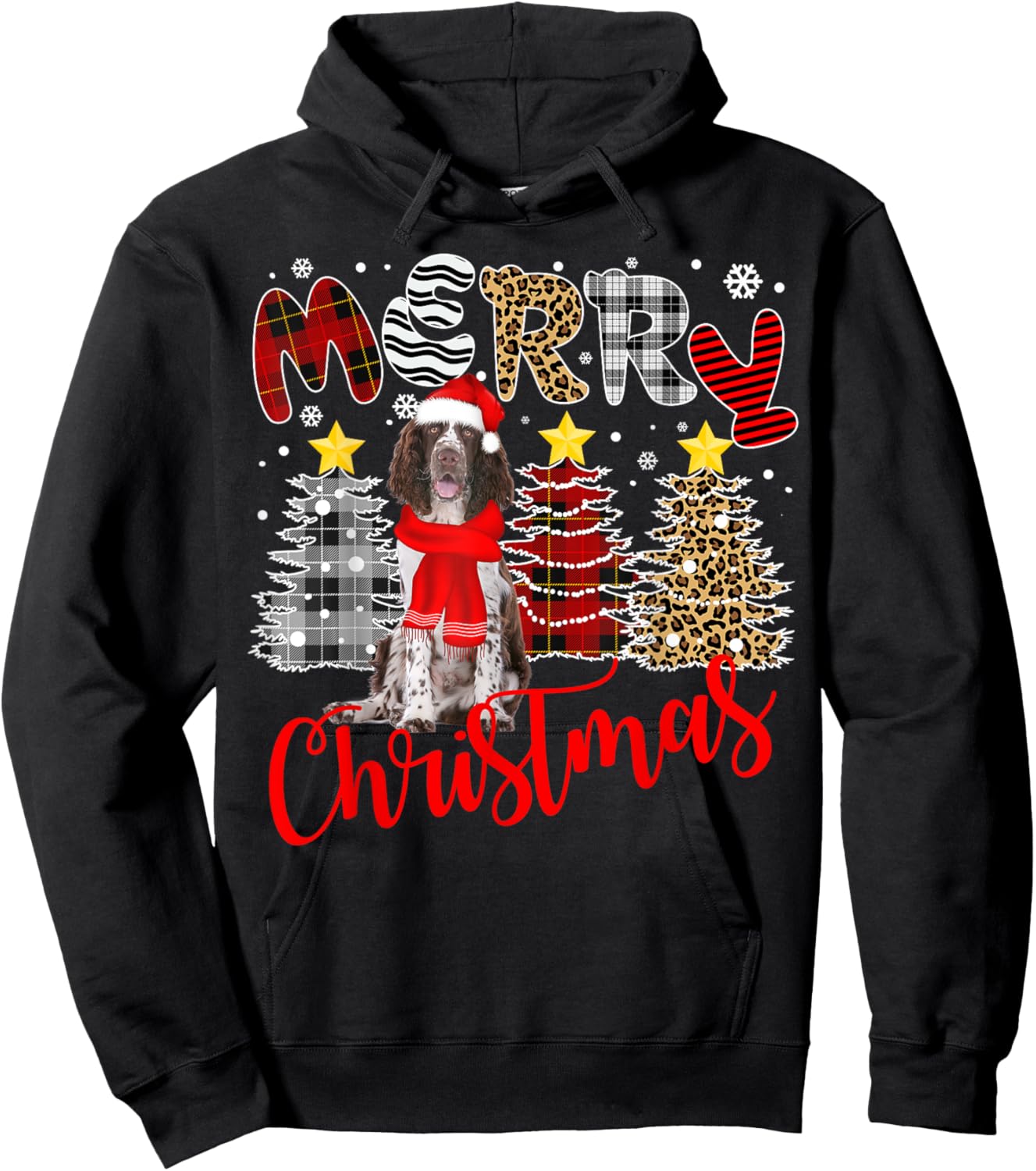 English Springer Spaniel Christmas Tree Leopard Plaid Print Hoodie - Hoodie | Black