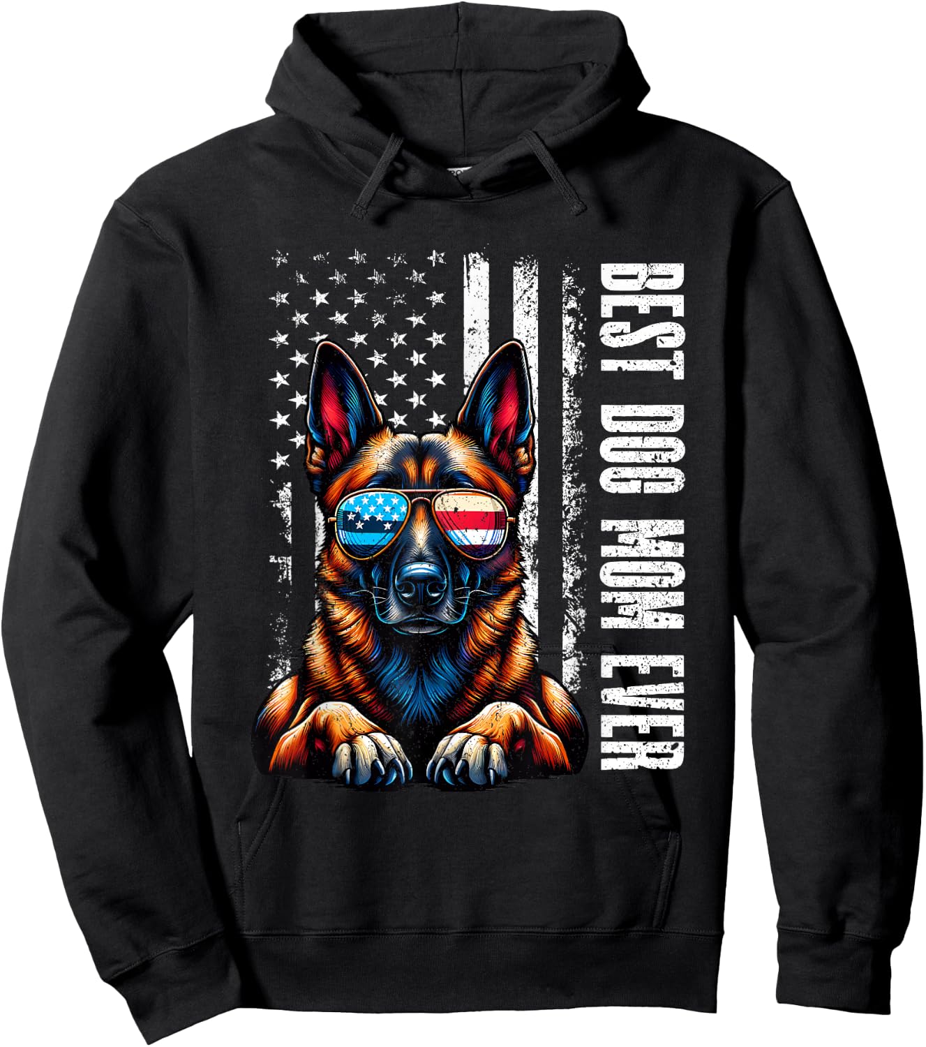 Vintage Best Dog Mom Ever Belgian Malinois Dog American Flag Hoodie - Hoodie | Black