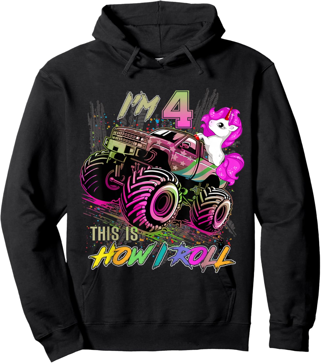 4 Year Old Girl Loves Monster Truck & Unicorn, 4th Birthday Hoodie - Hoodie | Black