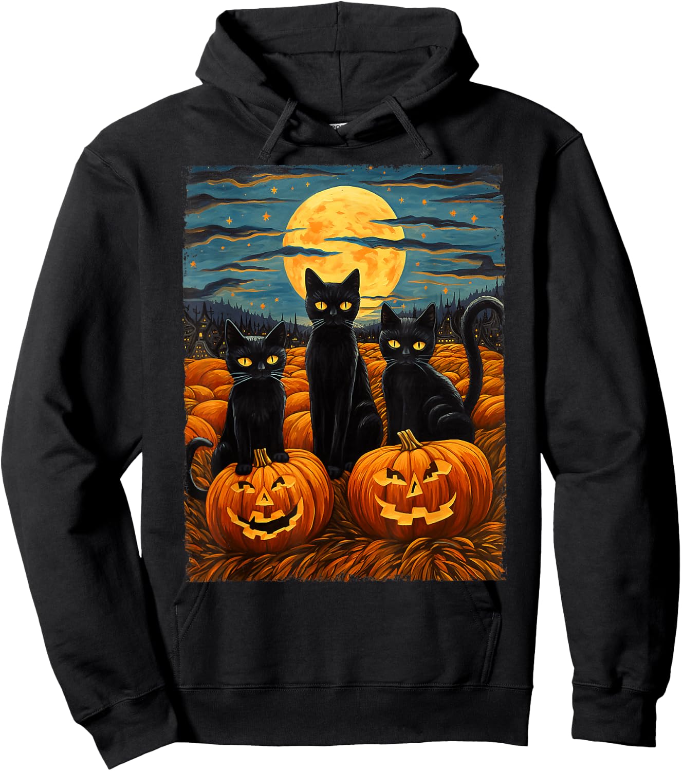 Black Cat Halloween Cat Lovers Starry Night Cat Van Gogh Cat Hoodie - Hoodie | Black