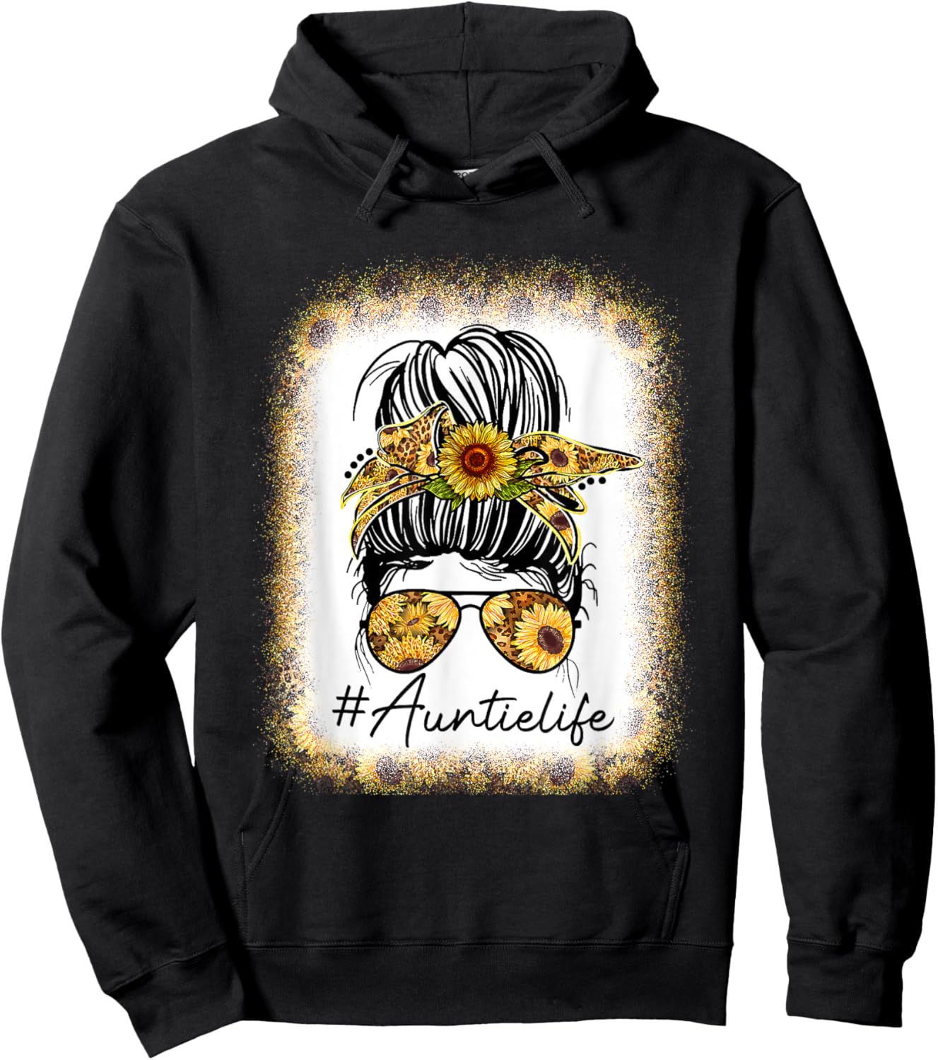 Mom Life Bleached Auntie Life Sunflower Messy Bun Hoodie - Hoodie | Black
