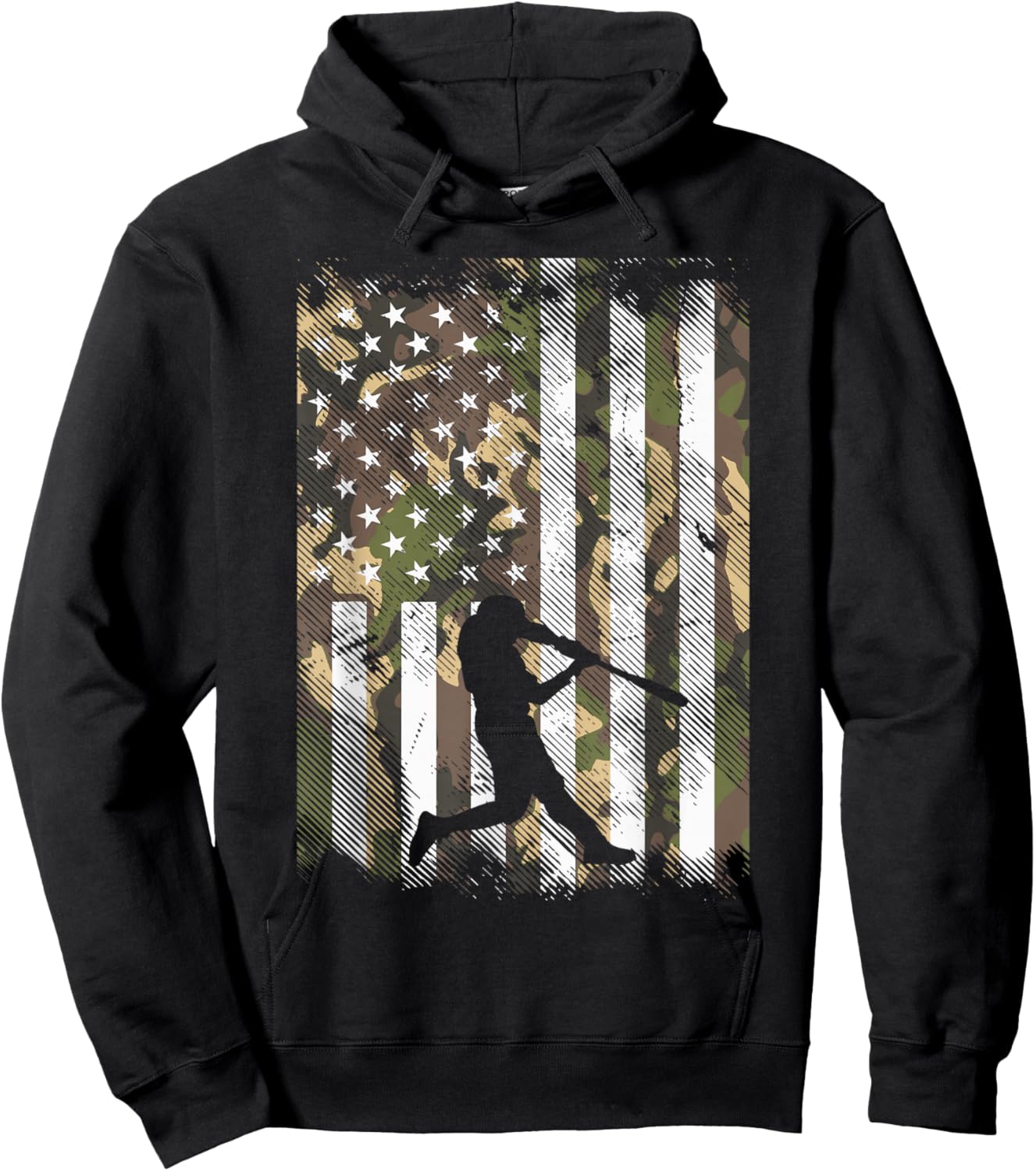 Camo Flag Baseball Player Vintage Patriotic Men Women Kids Hoodie - Hoodie | Black