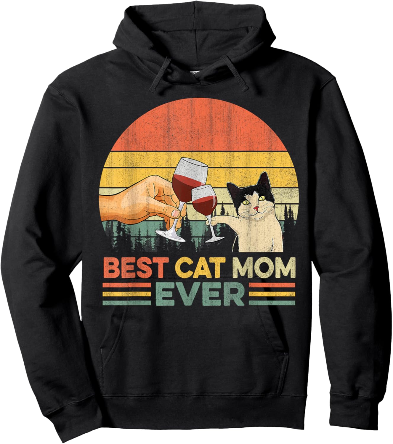 Vintage Best Cat Mom Ever Wine Drinking Women Hoodie - Hoodie | Black