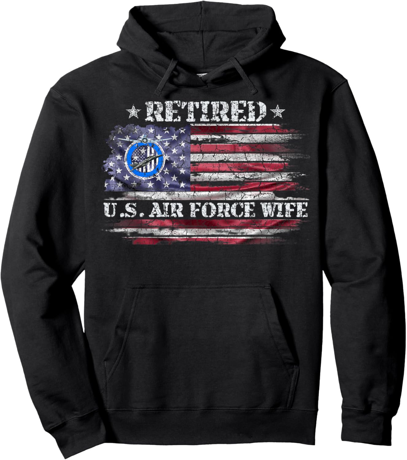 Vintage USA American Flag Proud Retired US Air Force Wife Hoodie - Hoodie | Black