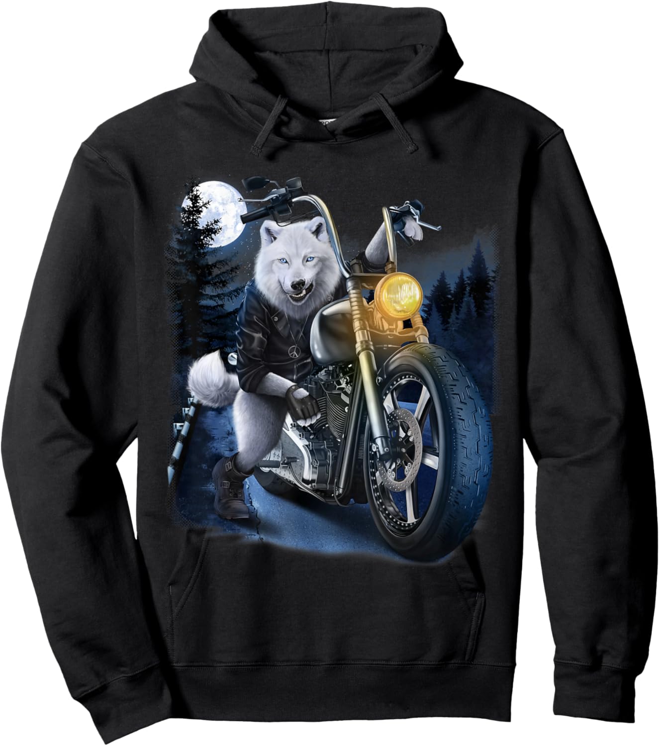 Wolf Riding Chopper Motorcycle in Full Moon Hoodie - Hoodie | Black