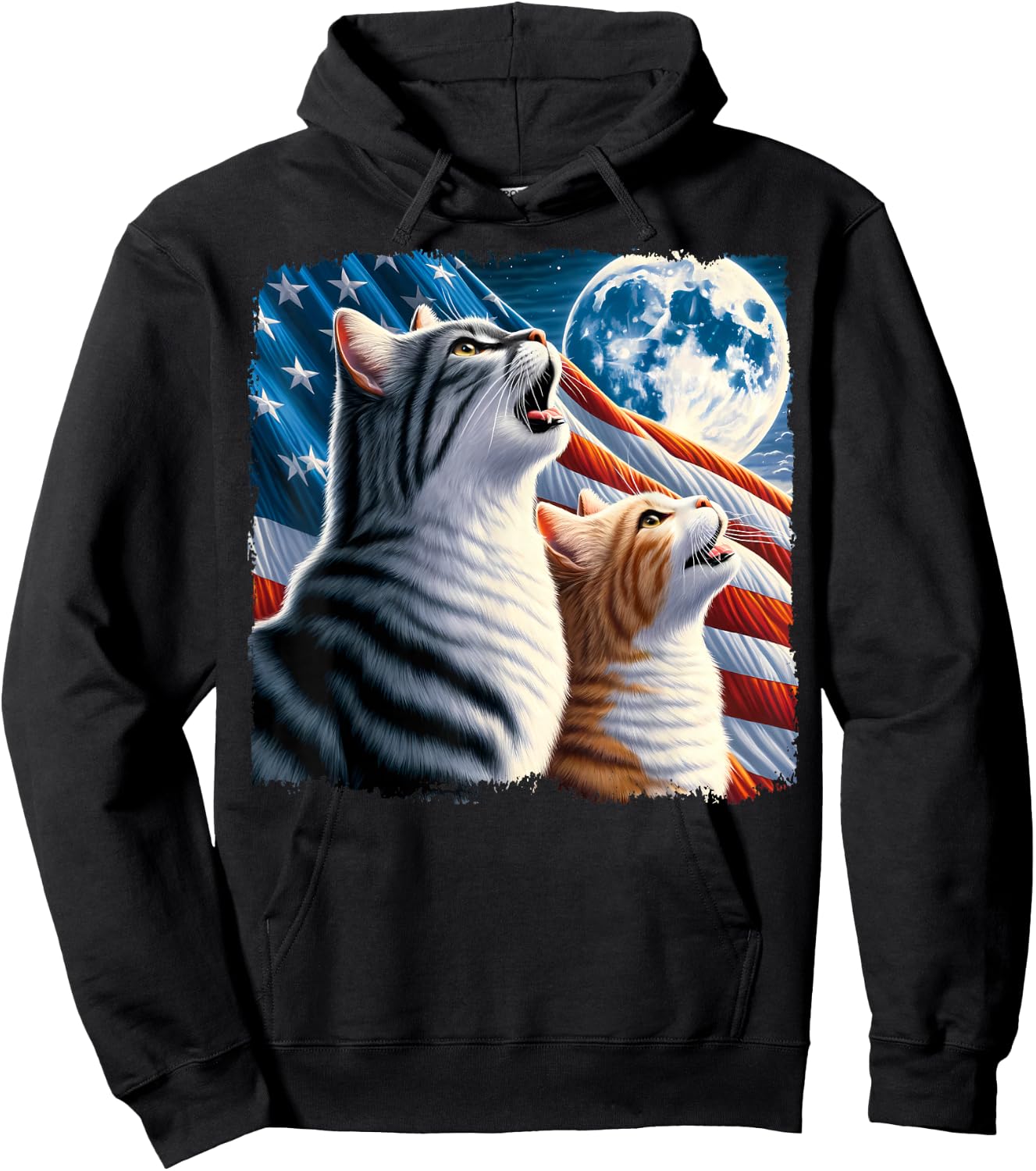 Cat 4th of July American Flag Howling Cats Under Blood Moon Hoodie - Hoodie | Black