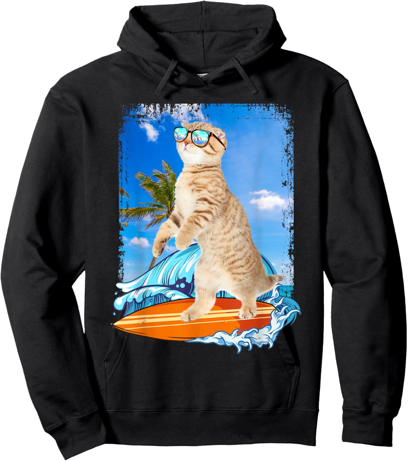 Cute Surfing Hawaiian Cat Lover Surfer Beach Summer Vacation Men Women Girls Kids Hoodie - Hoodie | Black