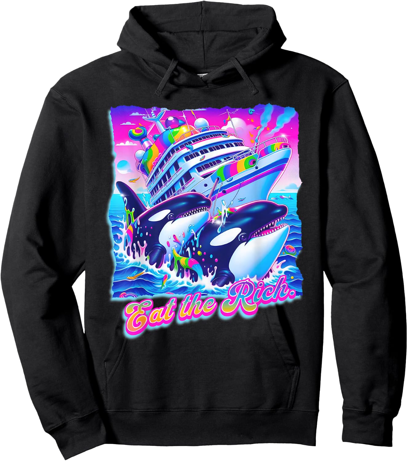 Eat The Rich Whale 90s Orca Funny Whale Yacht Animal Retro Hoodie - Hoodie | Black