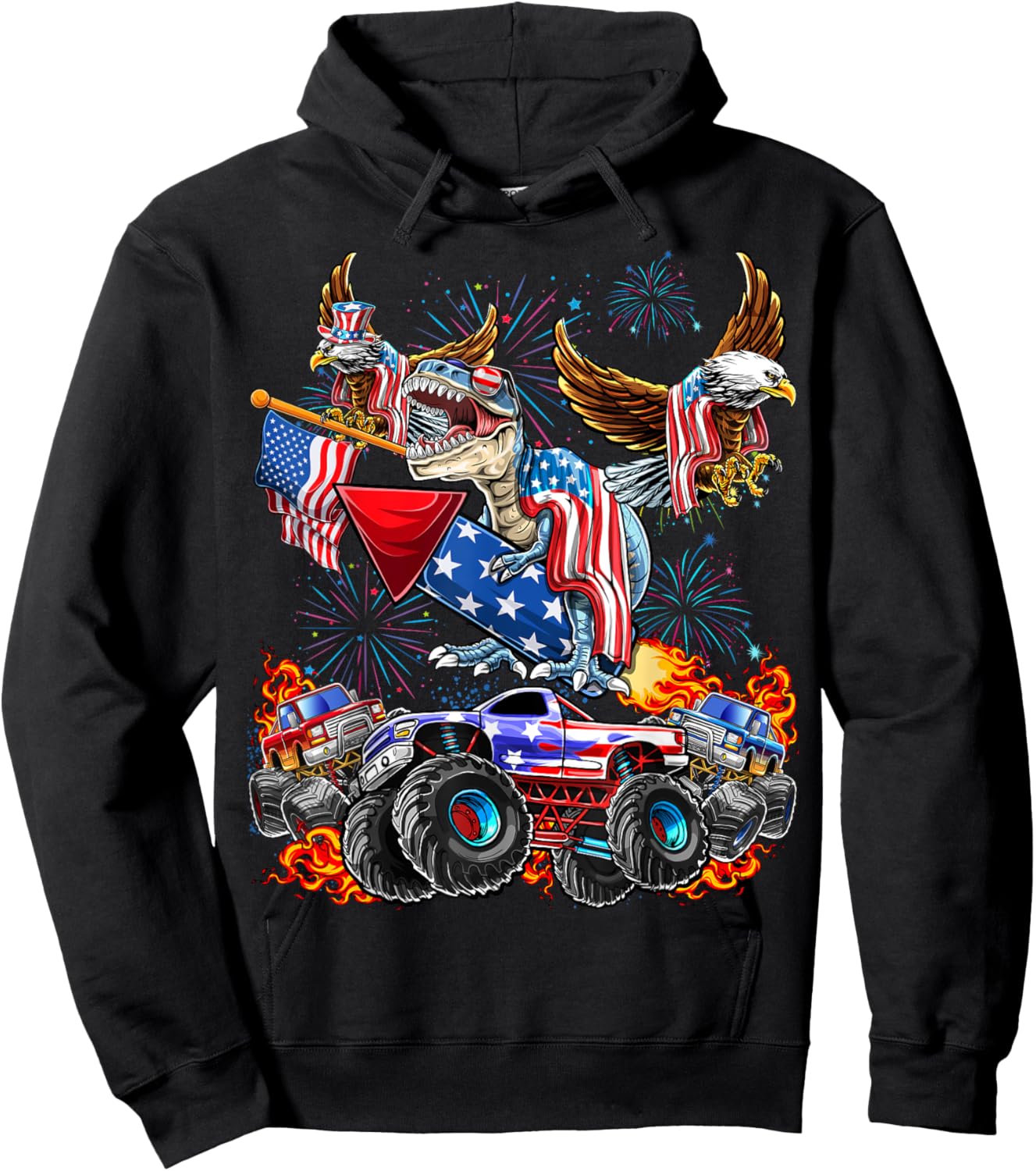 4th of July Dinosaur Monster Truck Bald Eagle American Flag Hoodie - Hoodie | Black