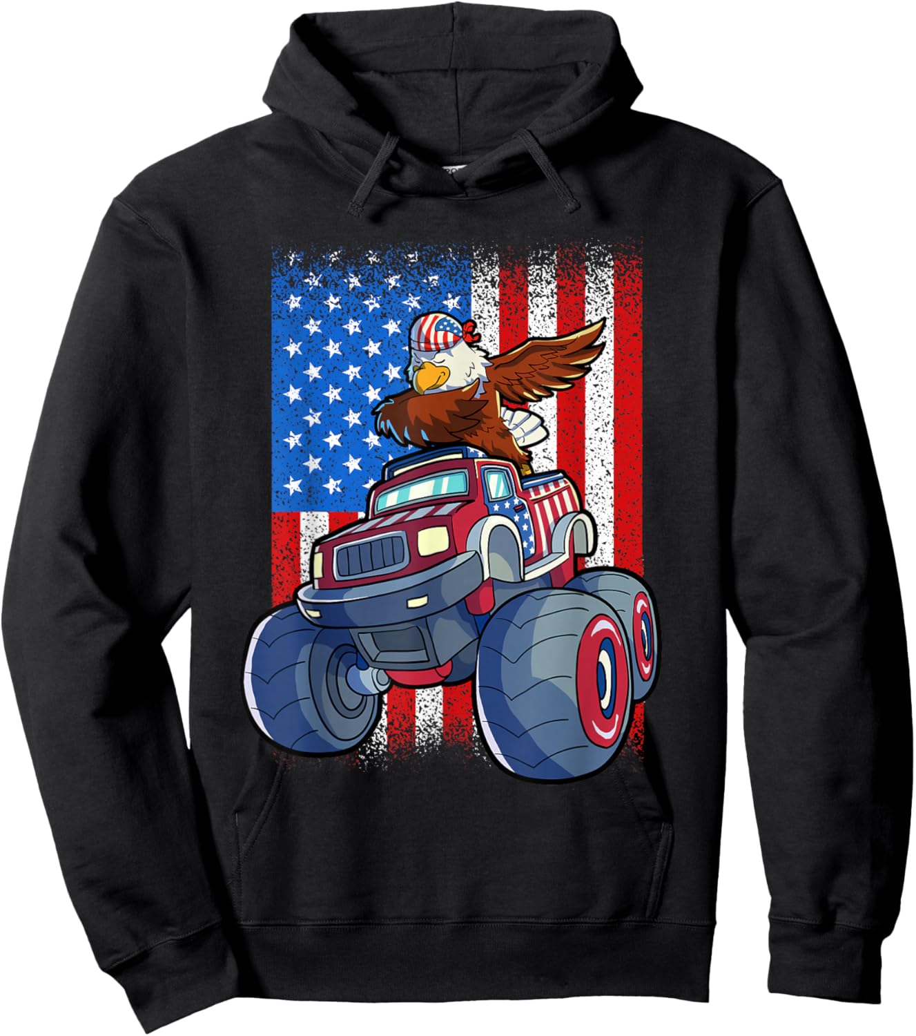 Dabbing Eagle Monster Truck 4th Of July Boys American Flag Hoodie - Hoodie | Black