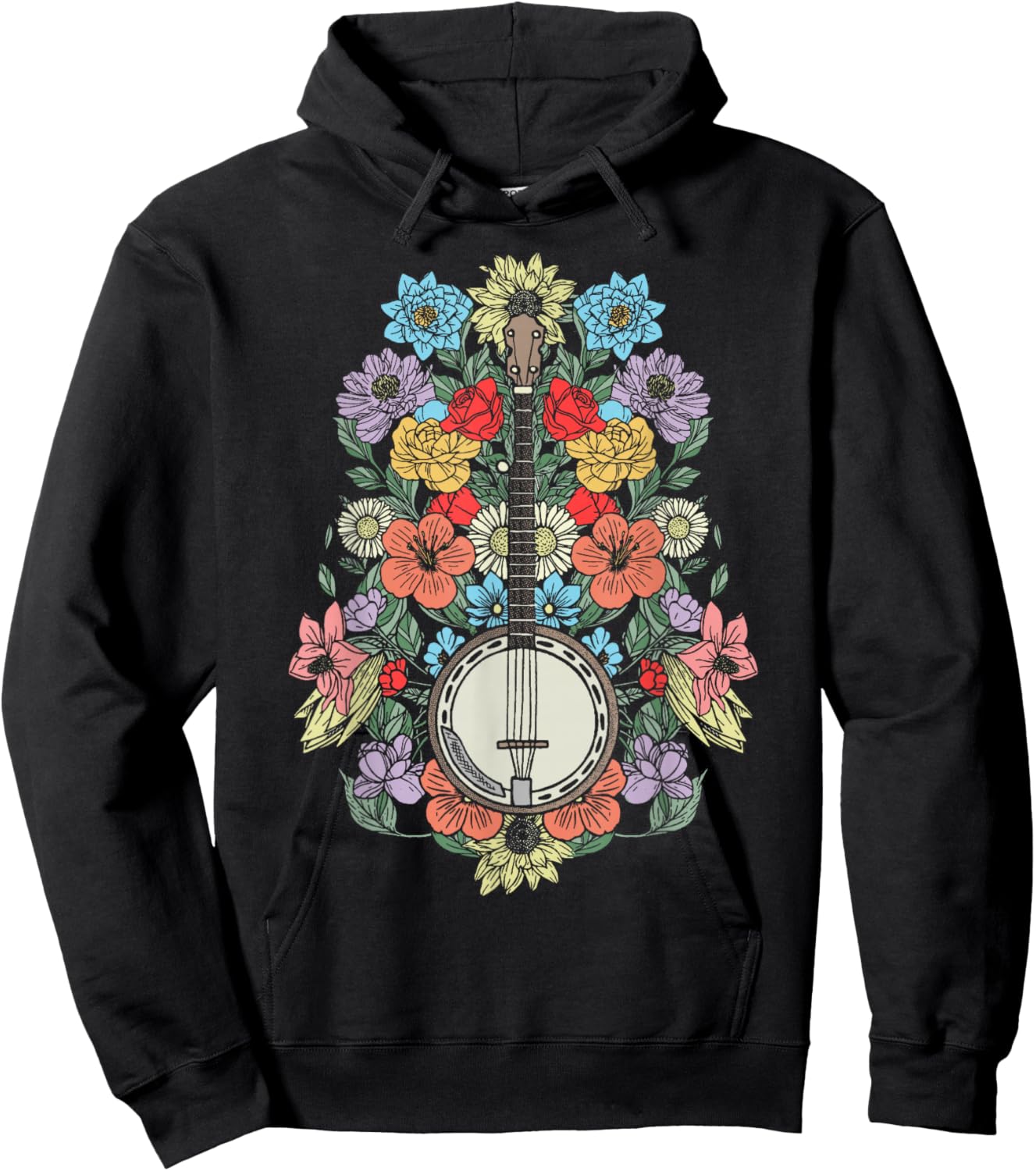 Banjo Flowers Vintage Stringed Bluegrass Folk Floral Pattern Hoodie - Hoodie | Black
