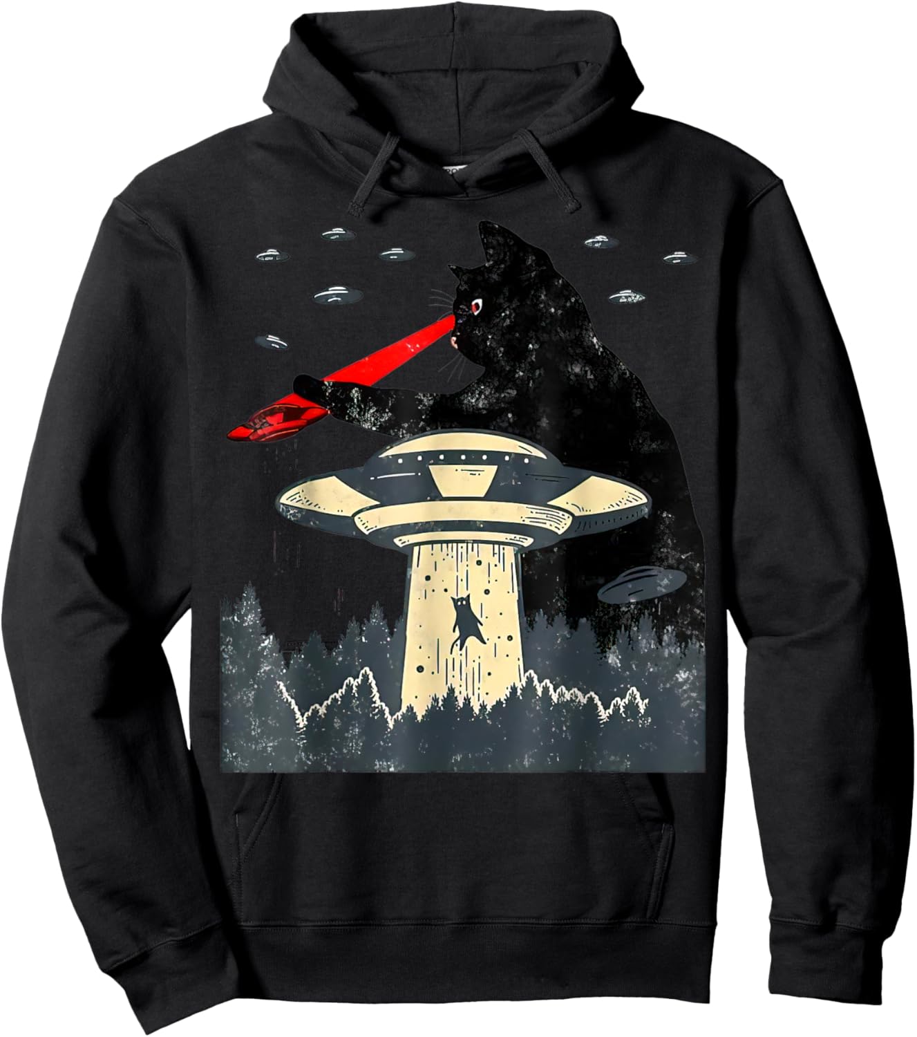 Cat UFO Black Cat, Funny Cat , Cat Graphic, Cat Laser Eye Women Hoodie - Hoodie | Black