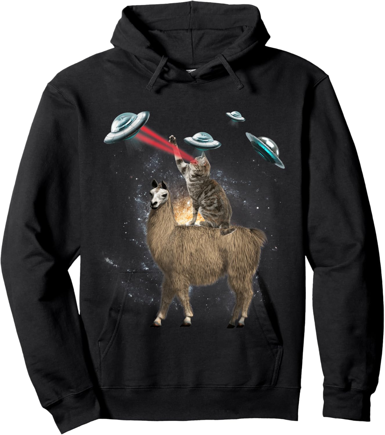 Space Cat Riding Llama Laser Eyes UFO Funny Cat Lover Men Women Kids Hoodie - Hoodie | Black