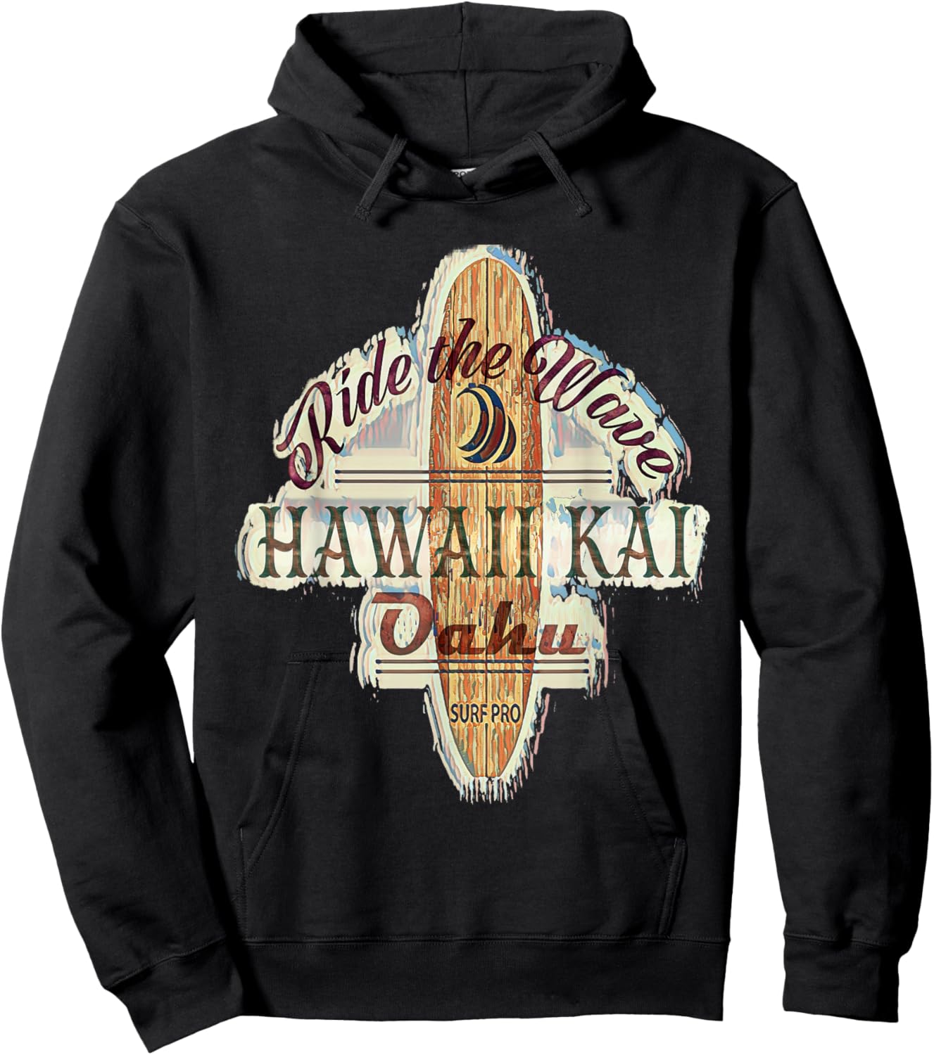 Surfing, Surfboard, Distressed Longboard Hawaii Kai Oahu Hoodie - Hoodie | Black