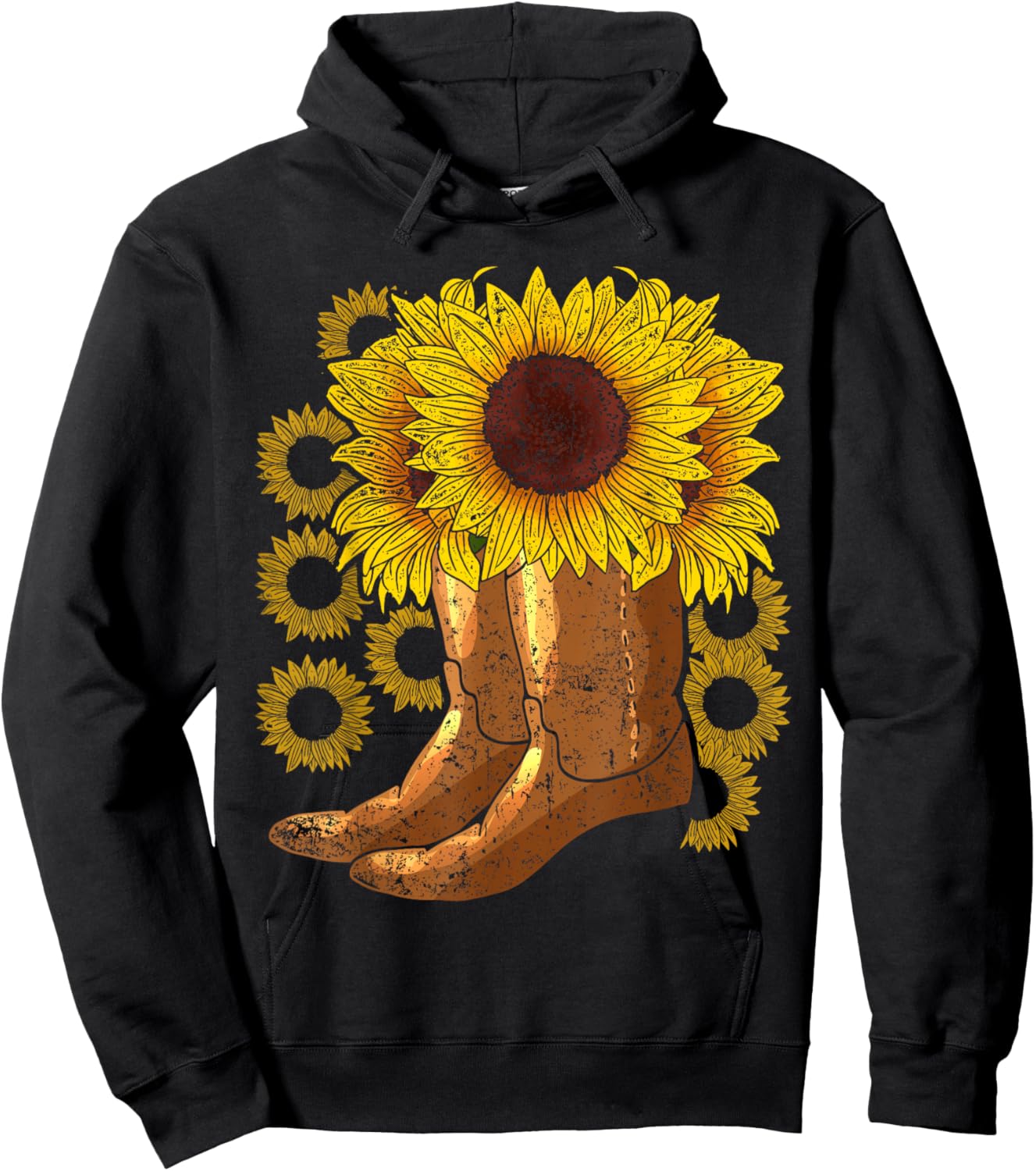 Yellow Flower Farmer Women Gift Cowboy Boots Sunflower Hoodie - Hoodie | Black