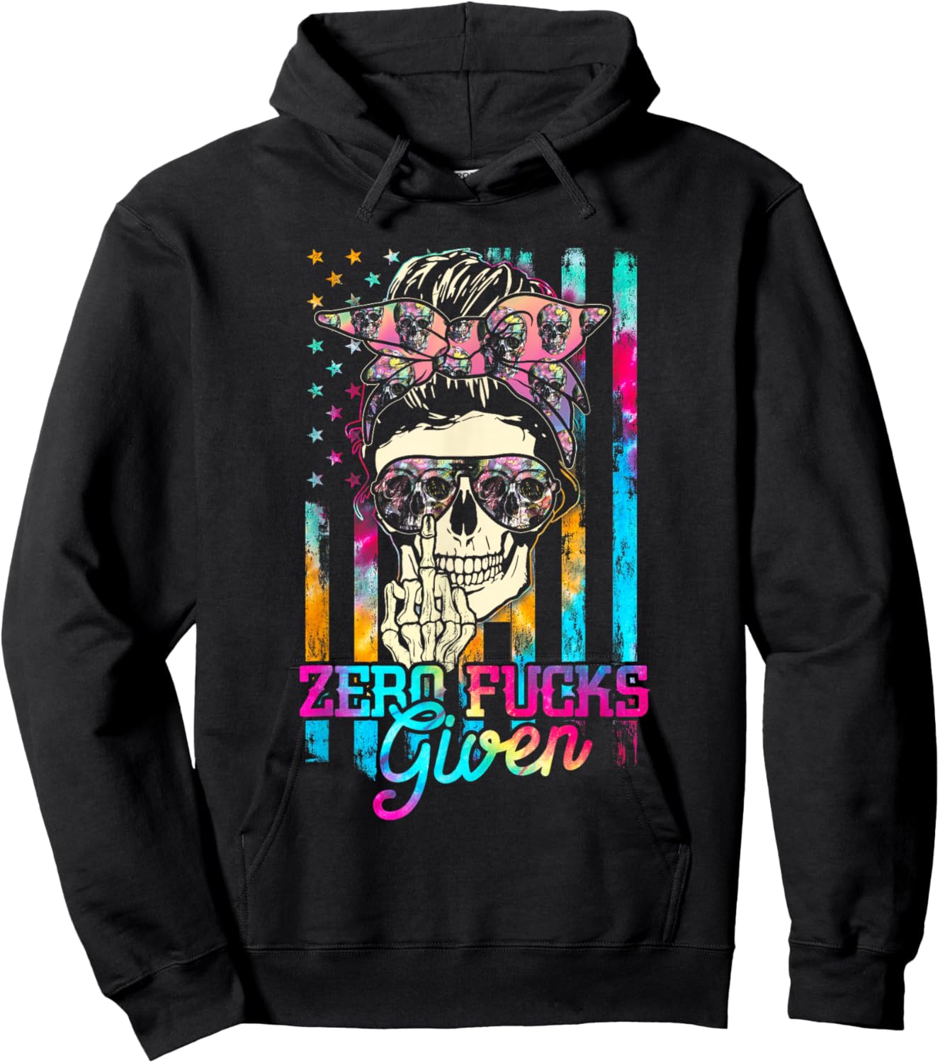 Skull Flag Skeleton Rainbow Messy Hair 0 Fucks Given Hoodie - Hoodie | Black