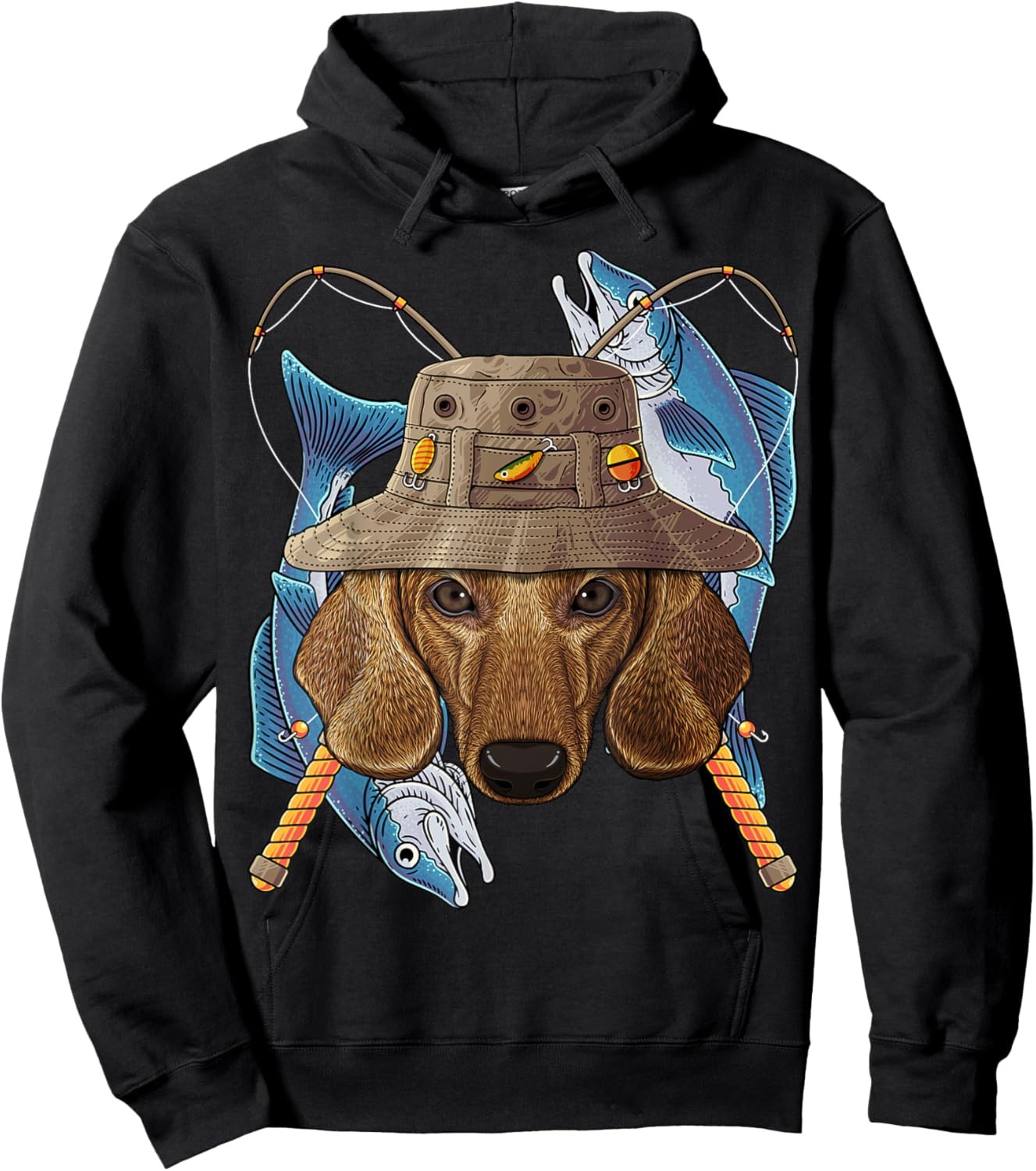 Fishing Dachshund Outdoor Fisherman Dog Cute Fly Fishing Hoodie - Hoodie | Black