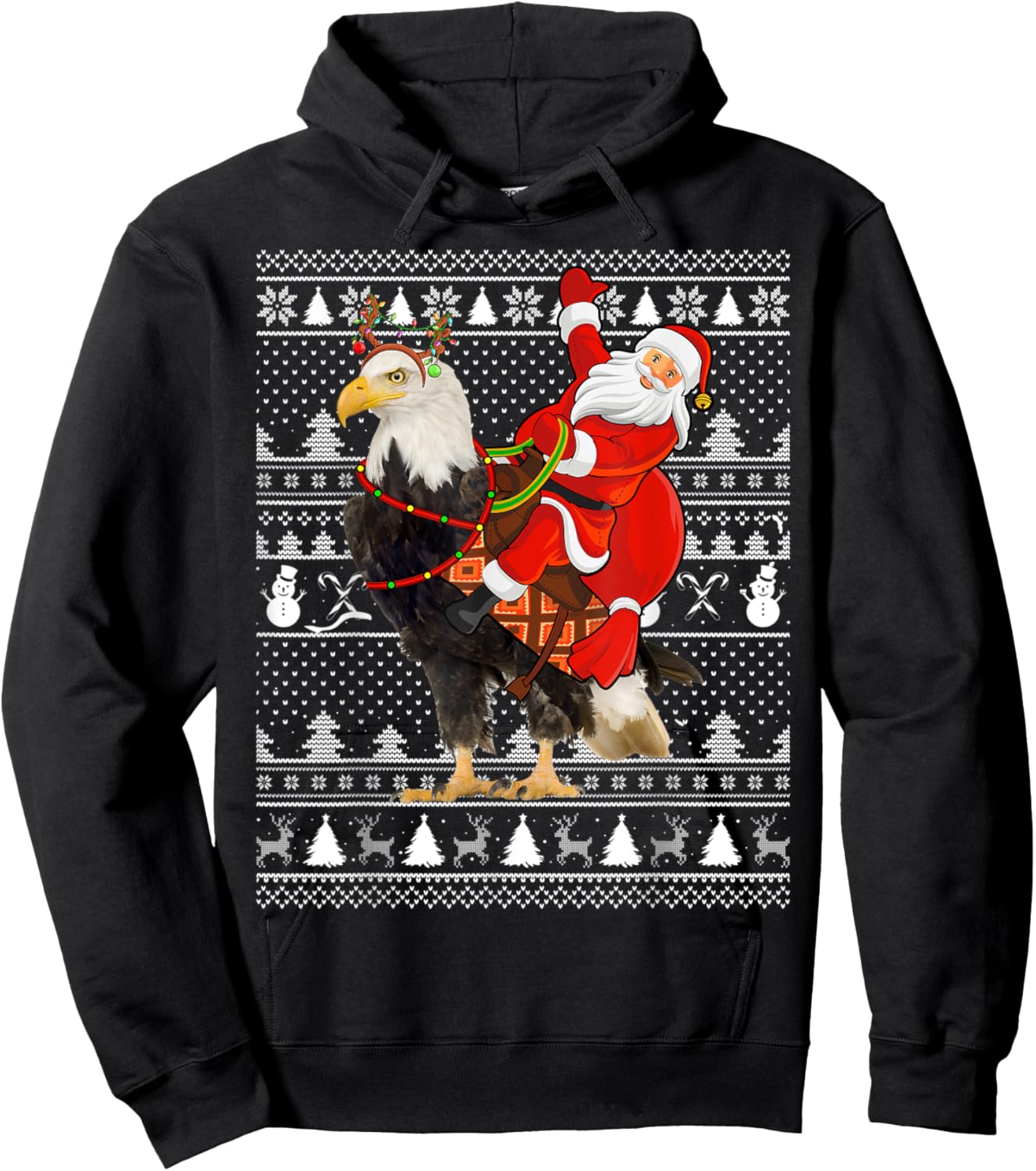 Bald Eagle Bird Lover Santa Riding Bald Eagle Ugly Christmas Hoodie - Hoodie | Black