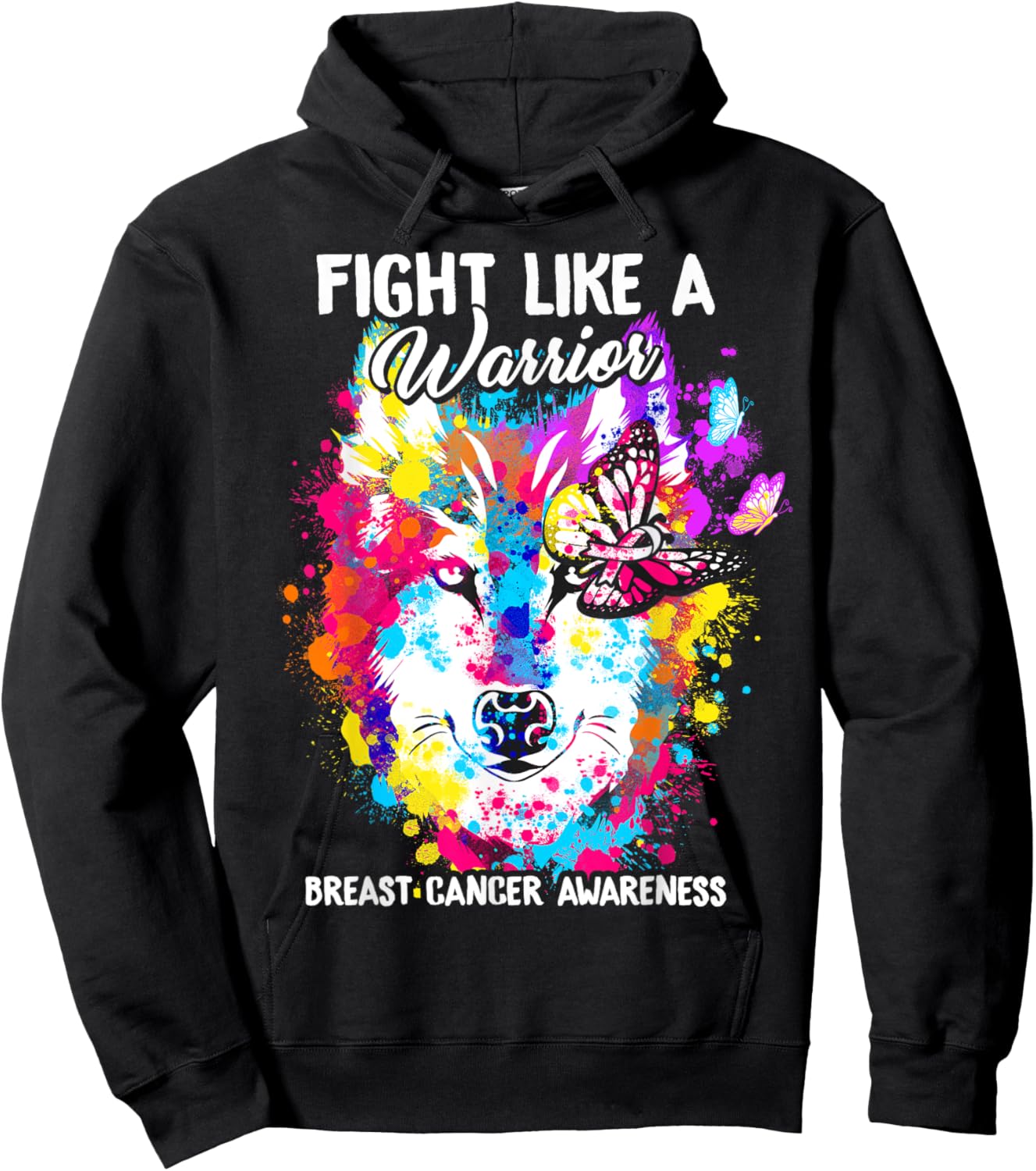 Fight Like A Warrior Breast Cancer Awareness Wolf Butterfly Hoodie - Hoodie | Black