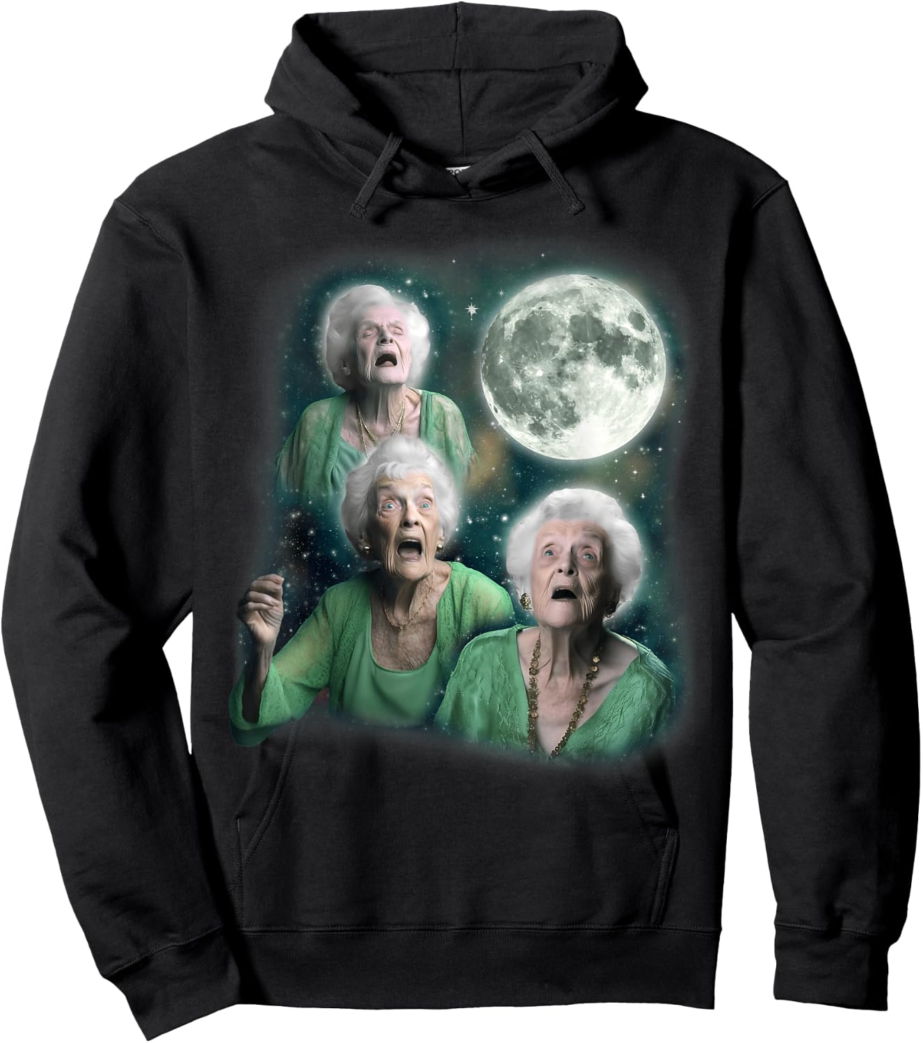 Three Granny Moon | 3 Old Ladys Howling Weird Cursed Meme Hoodie - Hoodie | Black