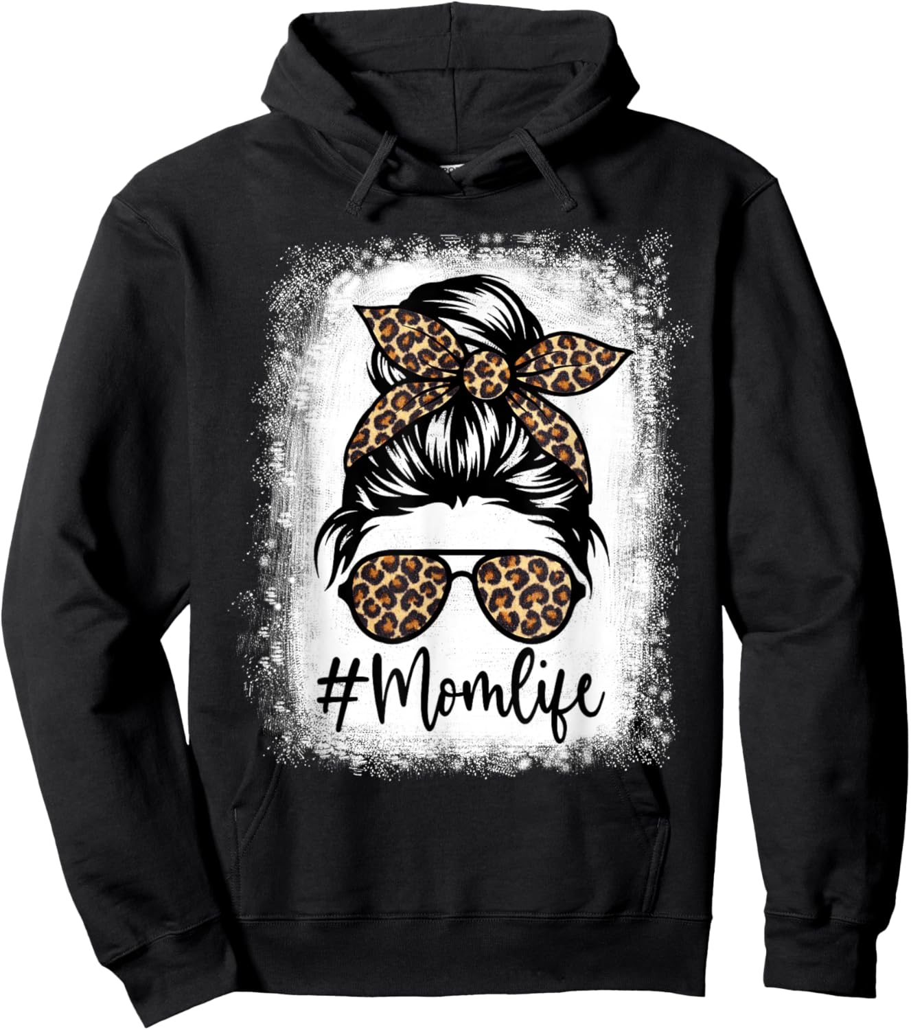 Women Mom Life Bleached Shirt Mom Life Leopard Messy Bun Hoodie - Hoodie | Black