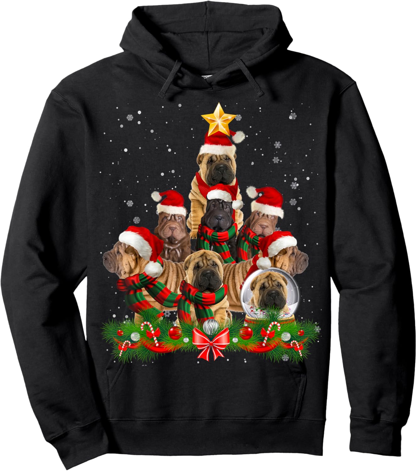 Funny Shar Pei Dog Christmas Tree Women Hoodie - Hoodie | Black