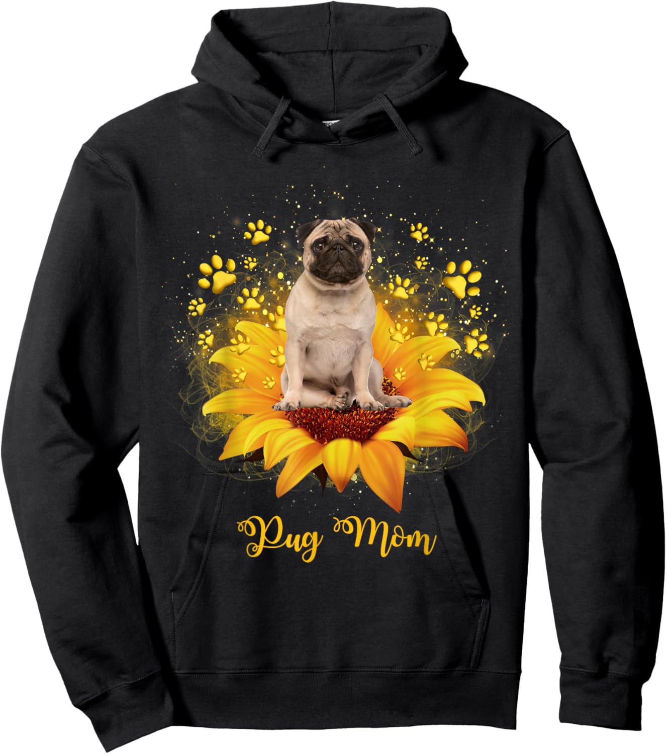 Pug Mom Sunflower With Dog Paw Mother's Day Hoodie - Hoodie | Black