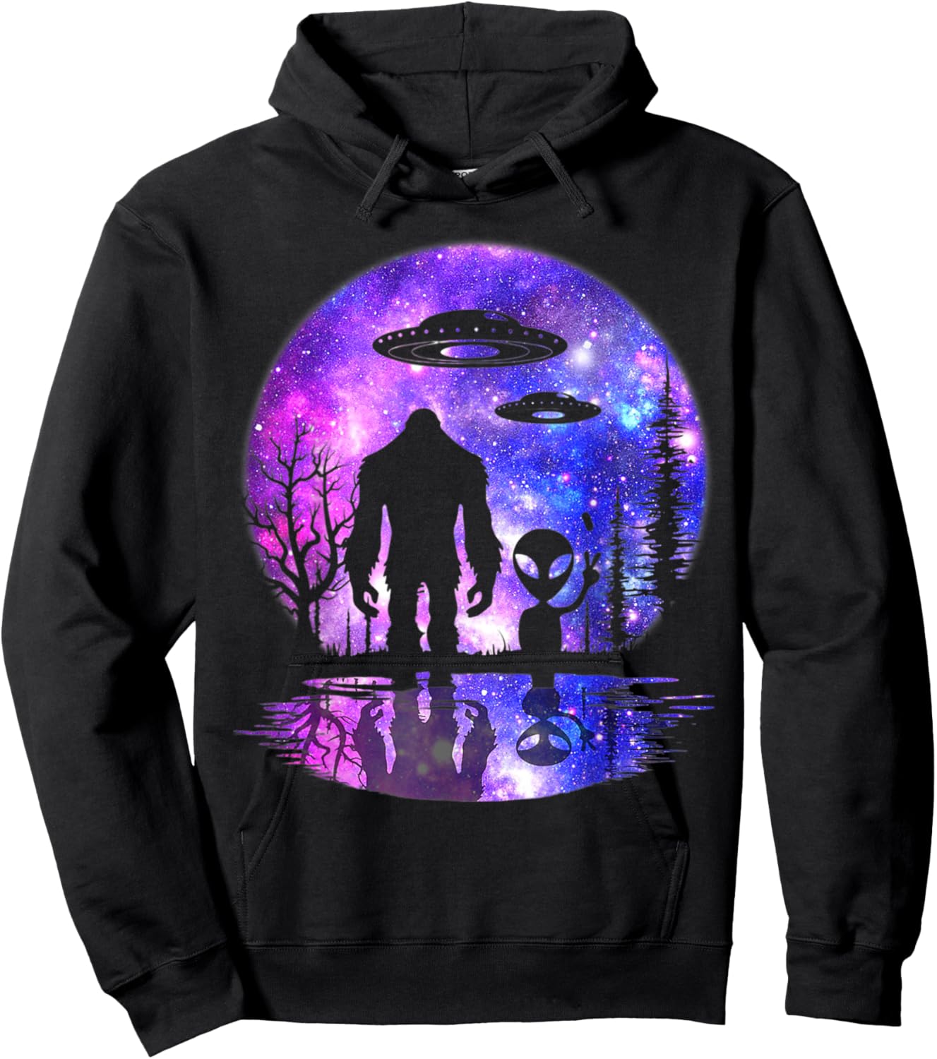 Alien And Bigfoot Full Moon Sasquatch UFO Hoodie - Hoodie | Black