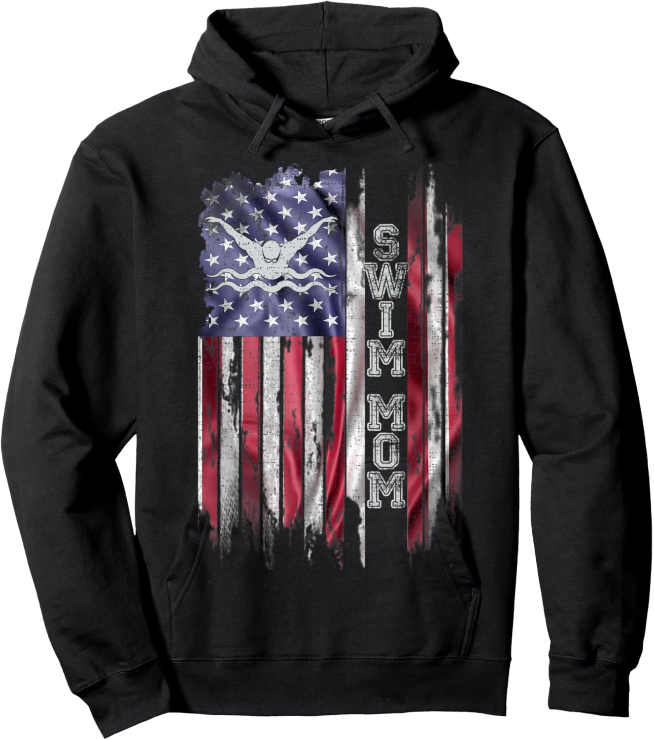 Vintage USA Flag Proud Swimming Mom Swim Swimmer Silhouette Women Kids Men Hoodie - Hoodie | Black