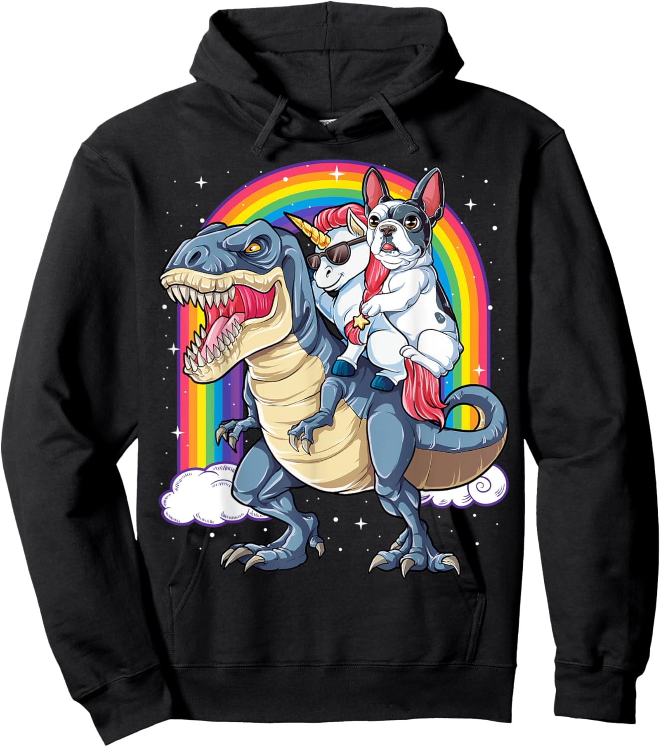 French Bulldog Unicorn Riding Dinosaur T rex Gifts Girls Hoodie - Hoodie | Black