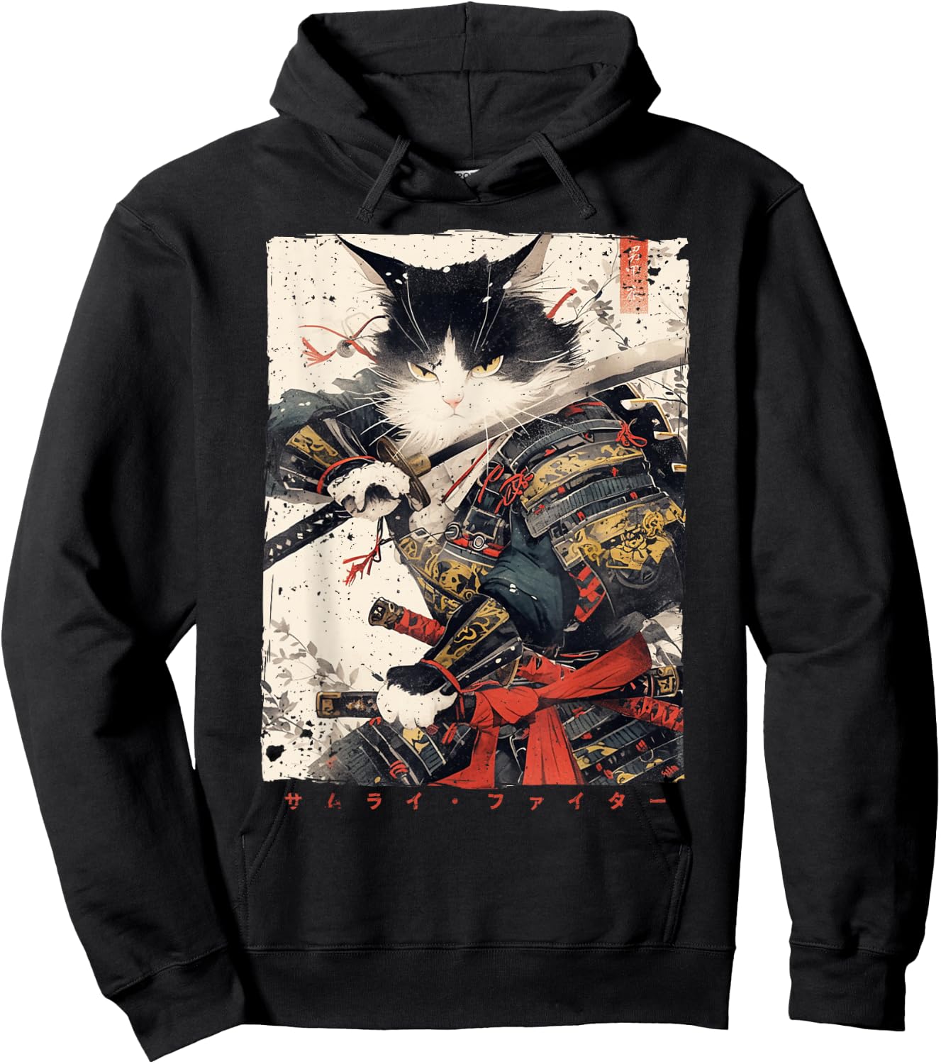 Samurai Cat Warrior Ukiyo Ink Artwork Cat Samurai Hoodie - Hoodie | Black