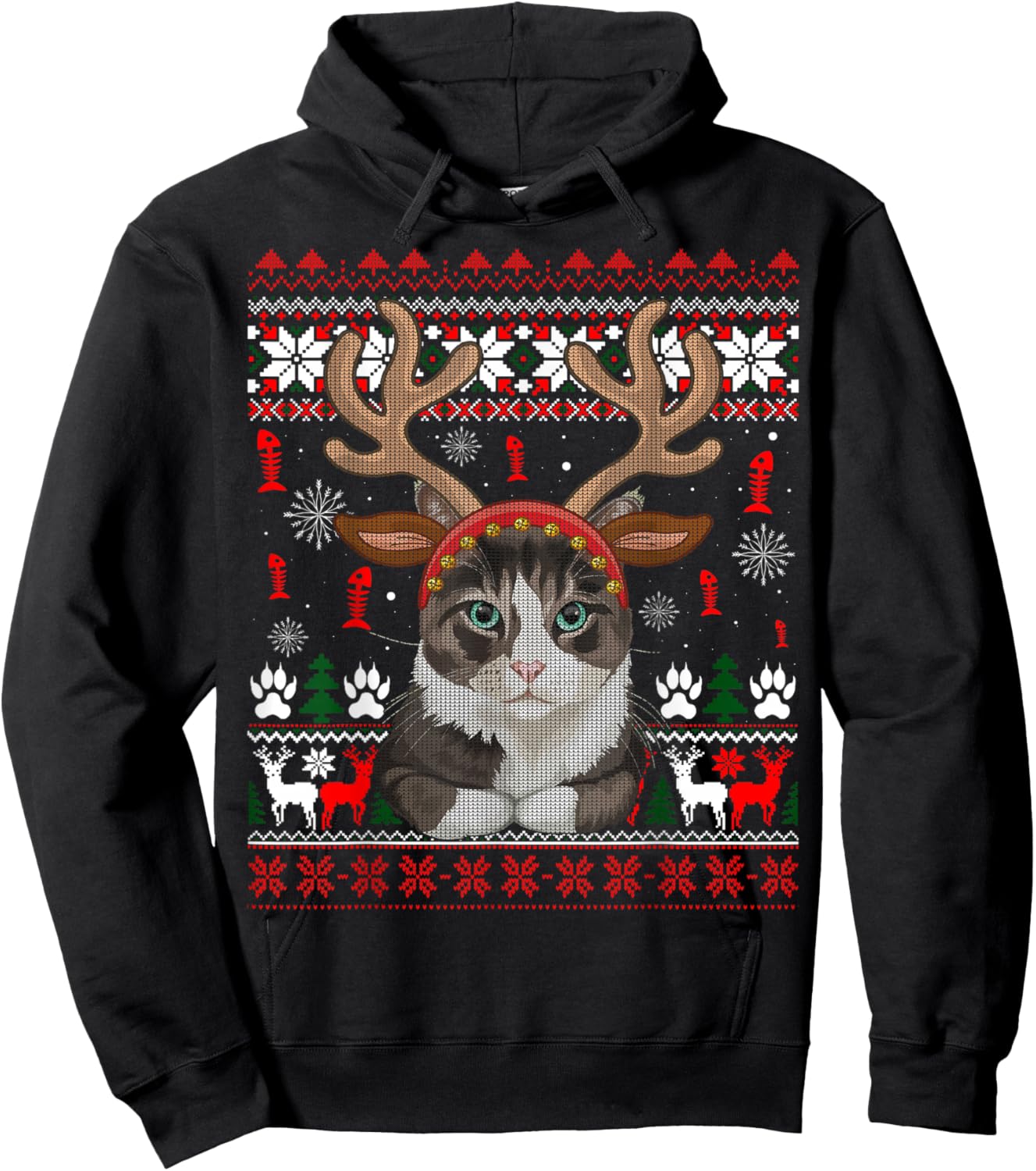 Christmas Cat Reindeer Ugly Christmas Sweater Hoodie - Hoodie | Black