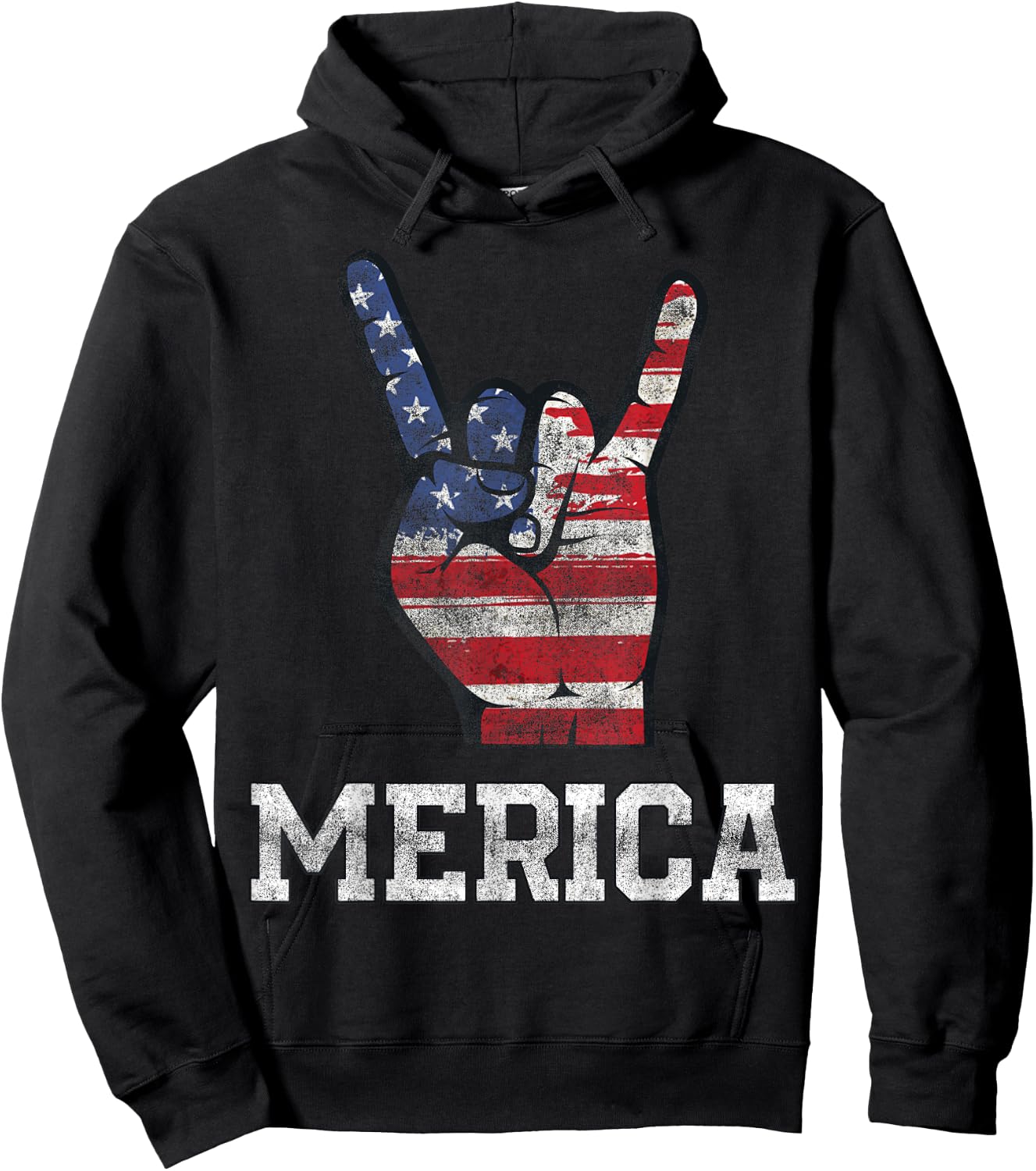 Merica Rock Sign 4th of July Vintage American Flag Retro USA Hoodie - Hoodie | Black