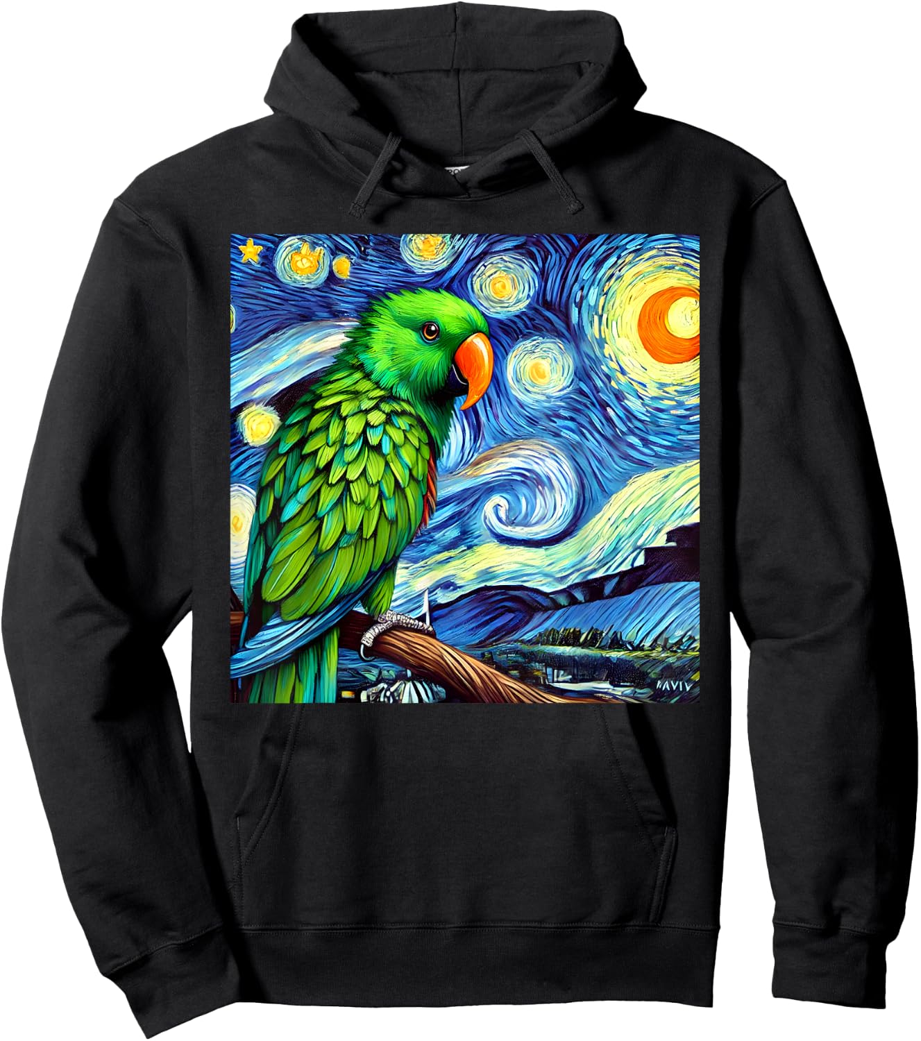 Green Eclectus Parrot Bird Starry Night Sky Art Van Gogh Hoodie - Hoodie | Black