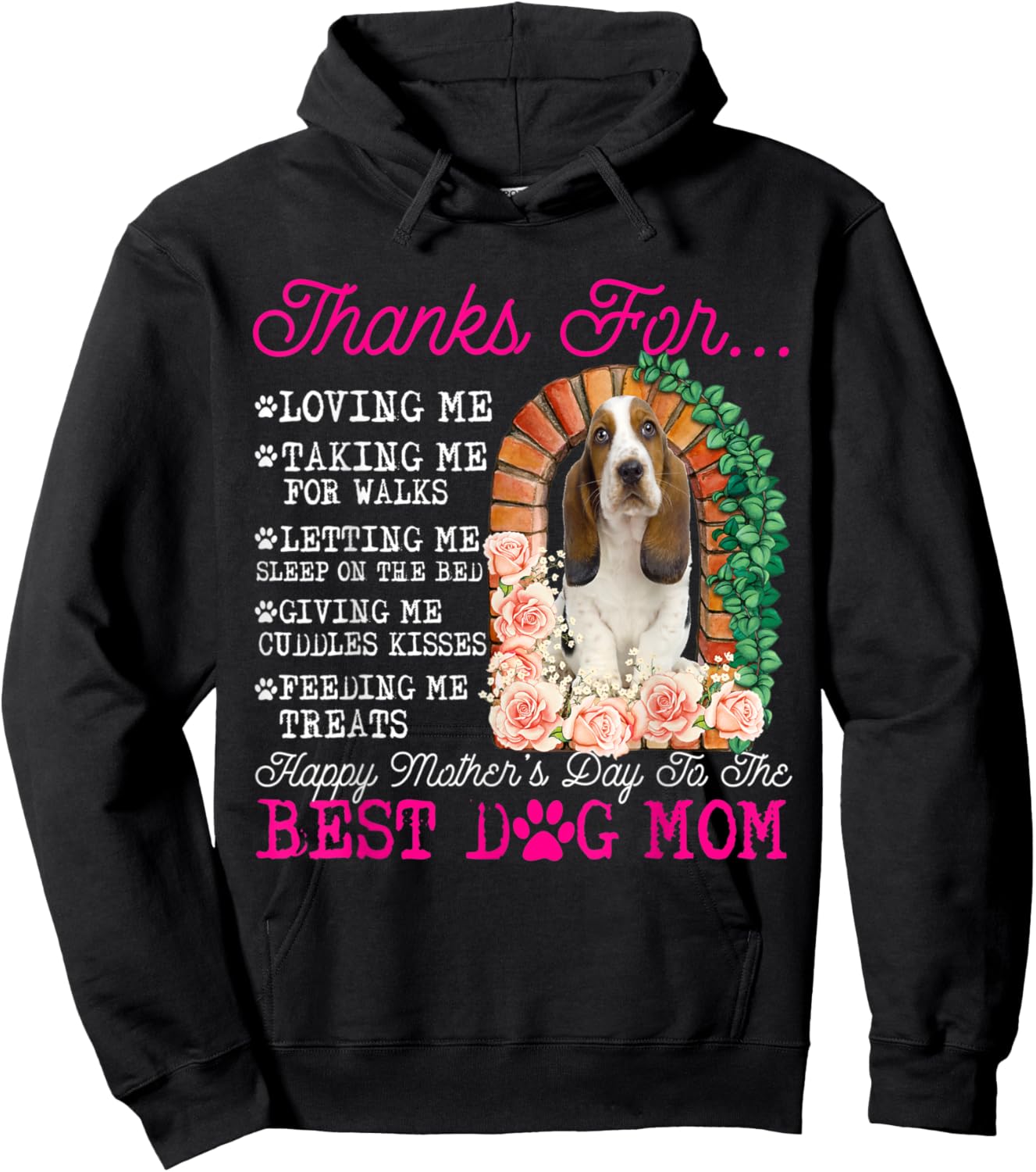 Funny Happy Mother's Day Best Dog Mom Cute Basset Hound Dog Men Women Kids Hoodie - Hoodie | Black