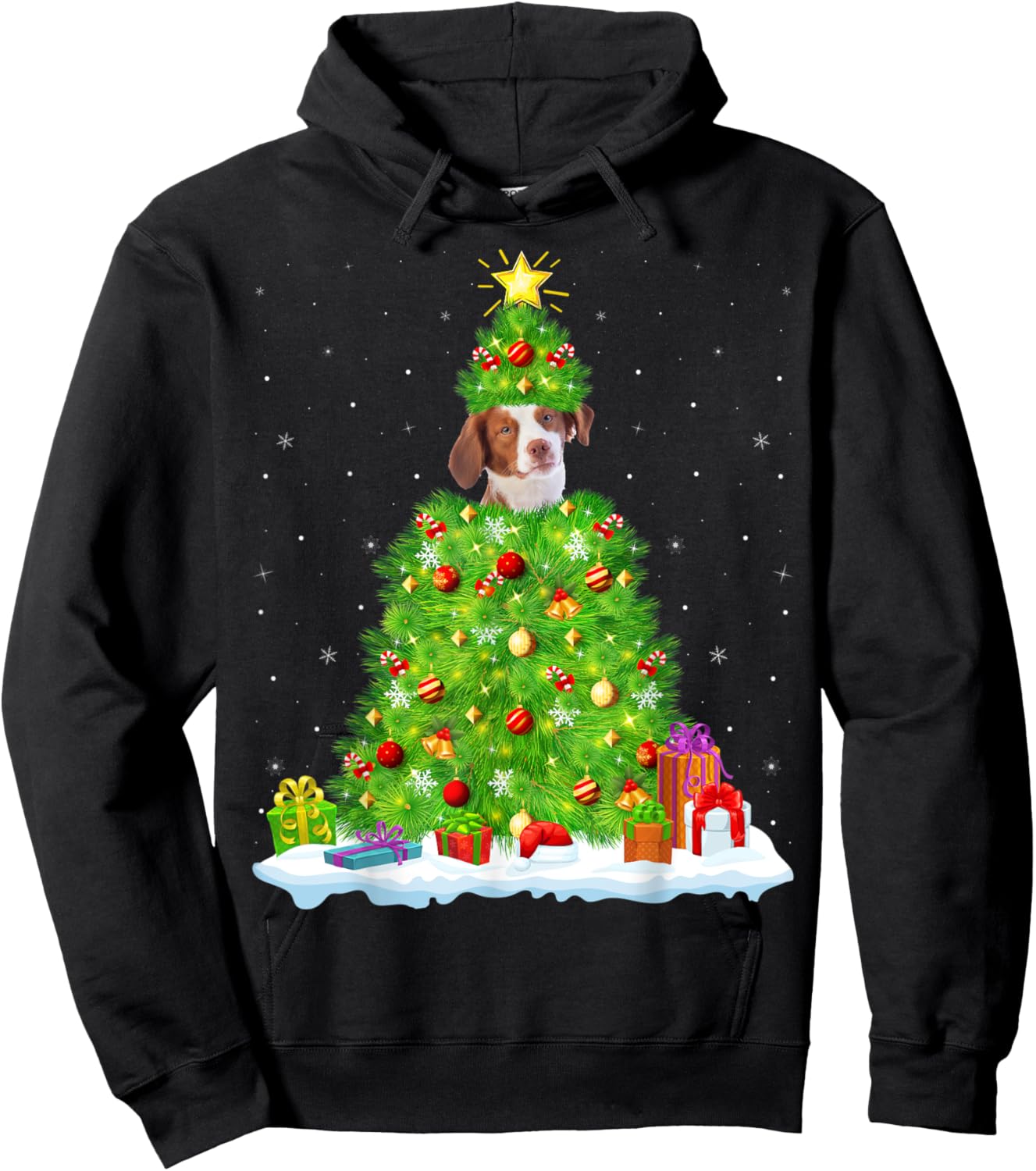 Xmas Lighting Matching Funny Brittany Spaniel Christmas Tree Hoodie - Hoodie | Black