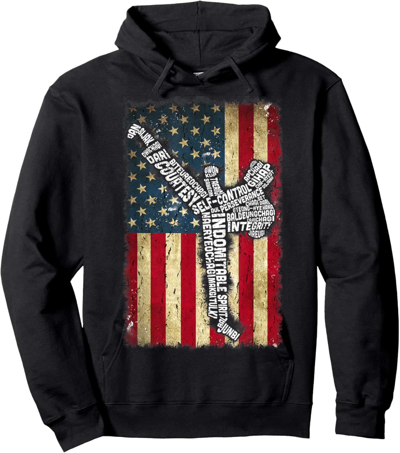 USA Flag Taekwondo Fighter 5 Tenets Of TKD Typography Hoodie - Hoodie | Black
