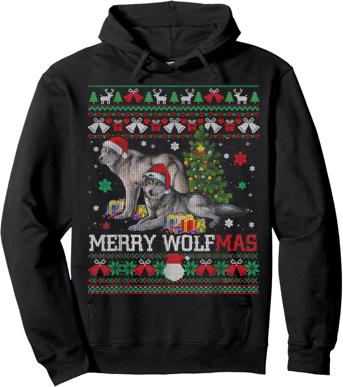 Merry Wolfmas Merry Christmas Wolf Ugly Sweater Hoodie - Hoodie | Black