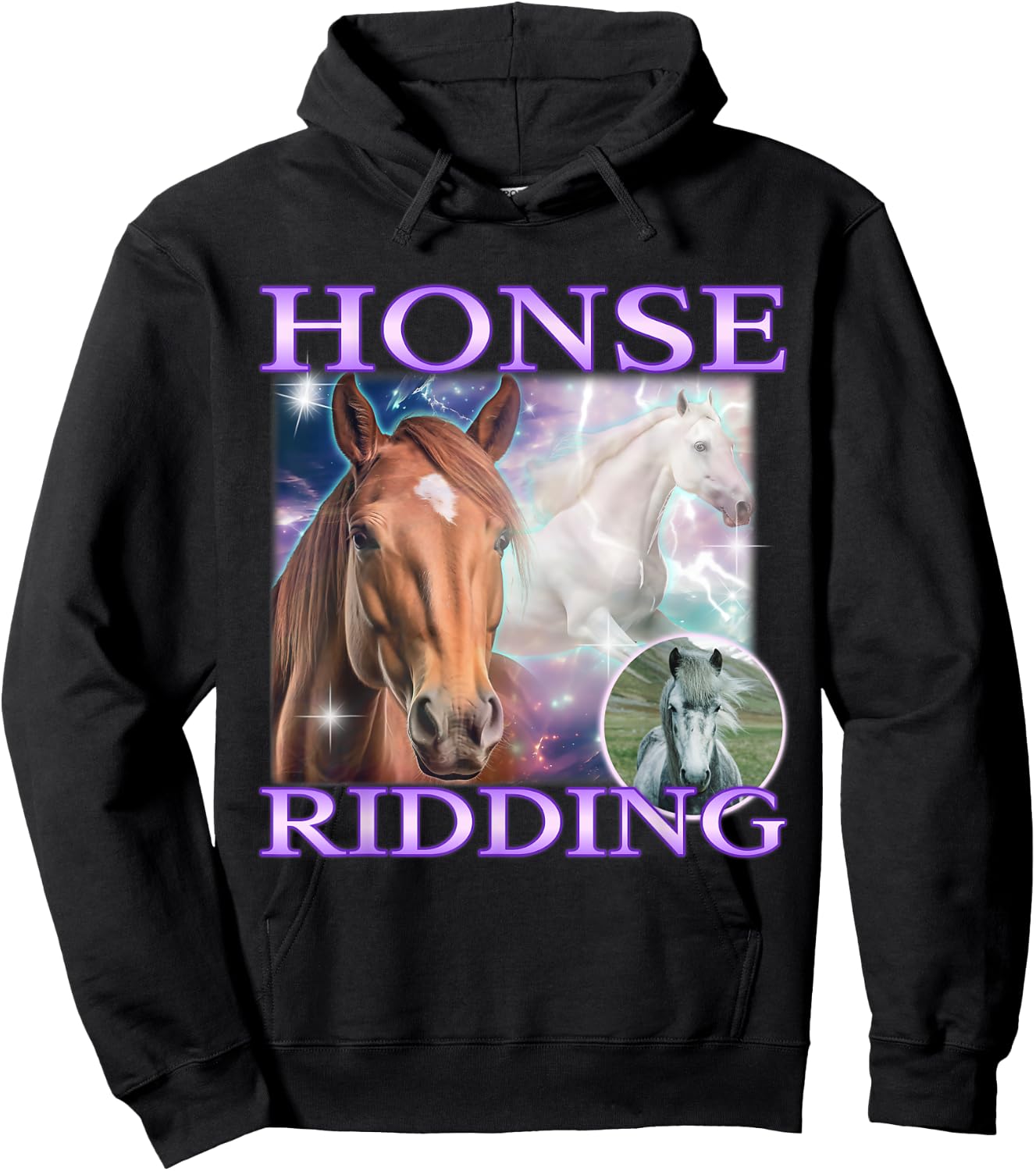 Horse Meme Funny Cringe Sarcastic Joke Hilarious Gen Z Y2K Hoodie - Hoodie | Black