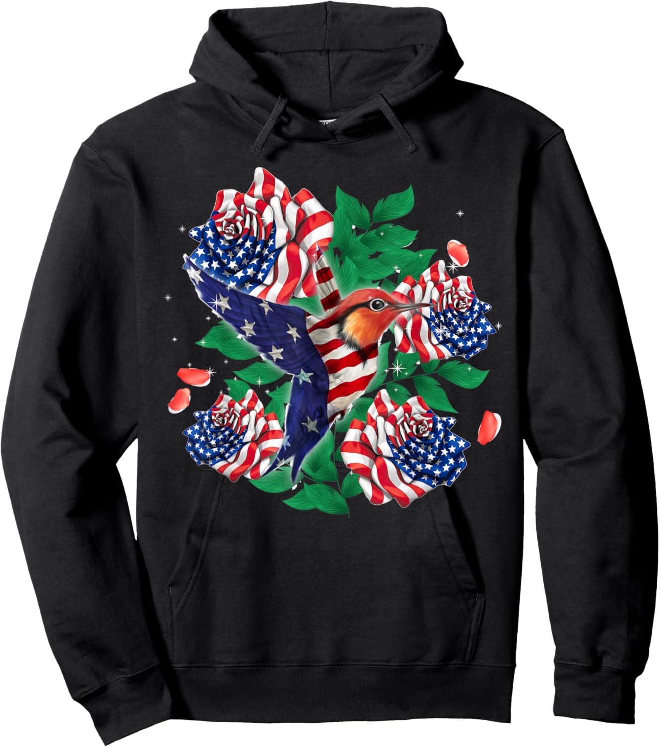 Hummingbird and Rose American Flag Patriotic 4th Of July Men Hoodie - Hoodie | Black