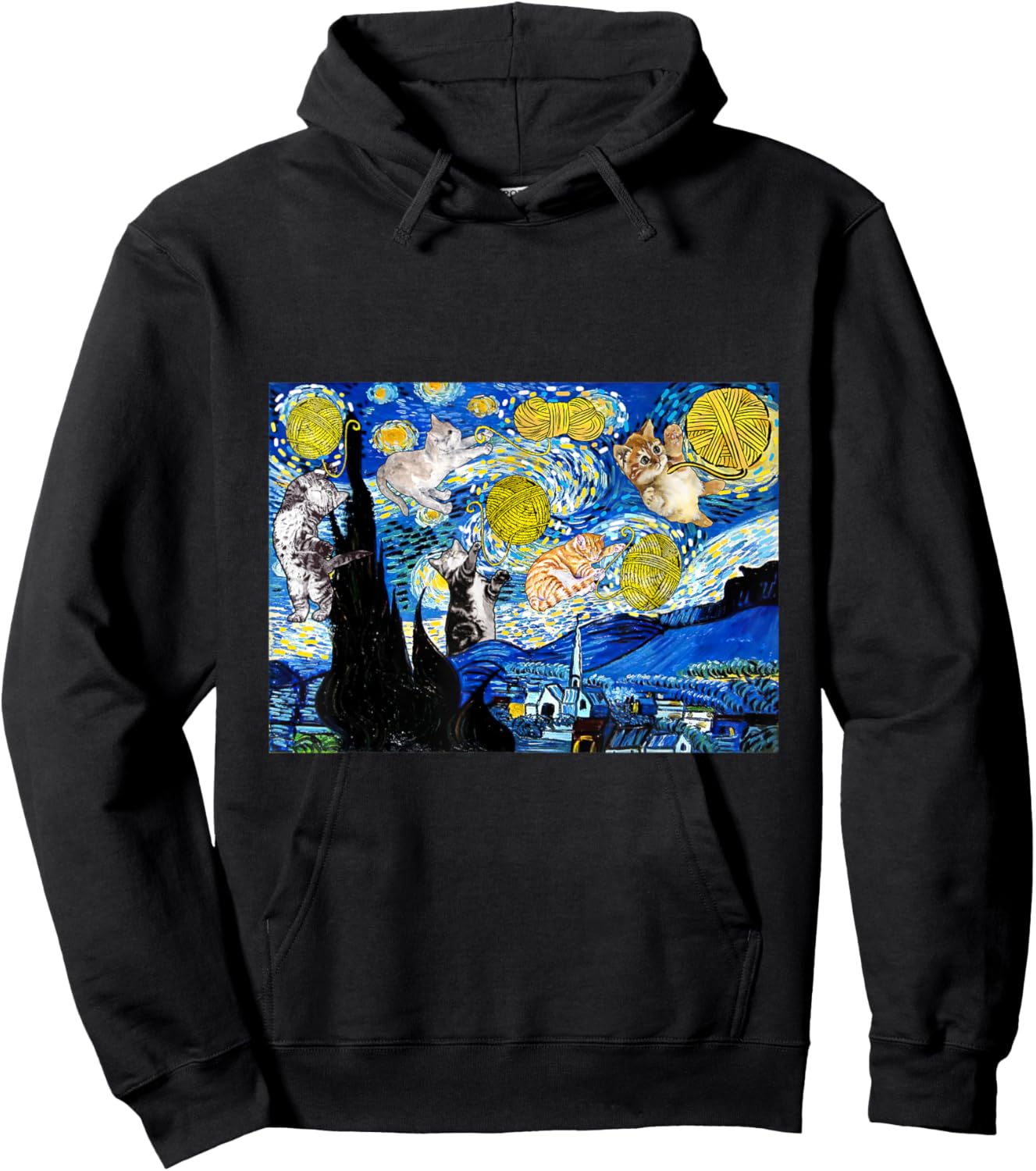 Cat Graphic, Starry Night Cat, Van Gogh Cat, Cat Lover Hoodie - Hoodie | Black