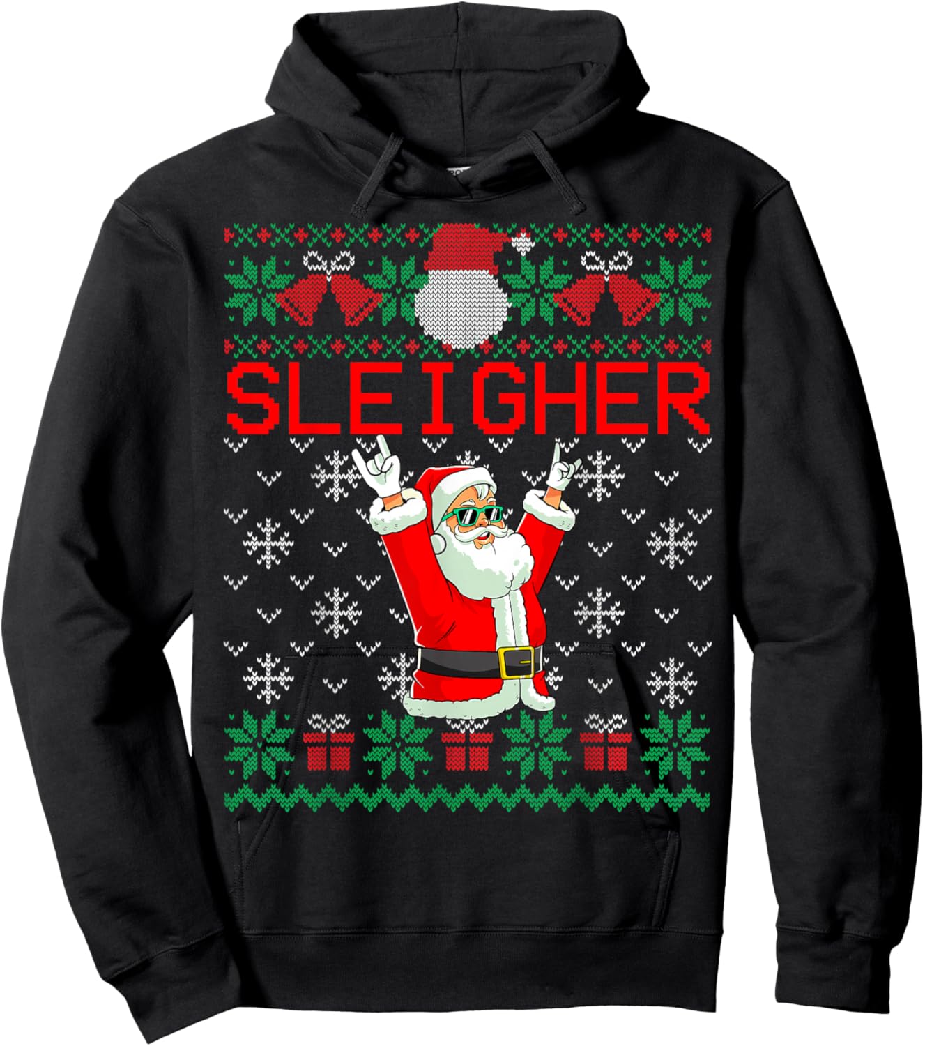 Sleigher Heavy Metal Music Hail Santa Ugly Christmas Sweater Hoodie - Hoodie | Black