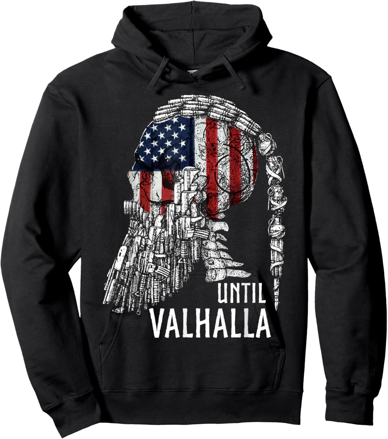 Until Valhalla, Skull American Flag, Viking US Patriot Hoodie - Hoodie | Black